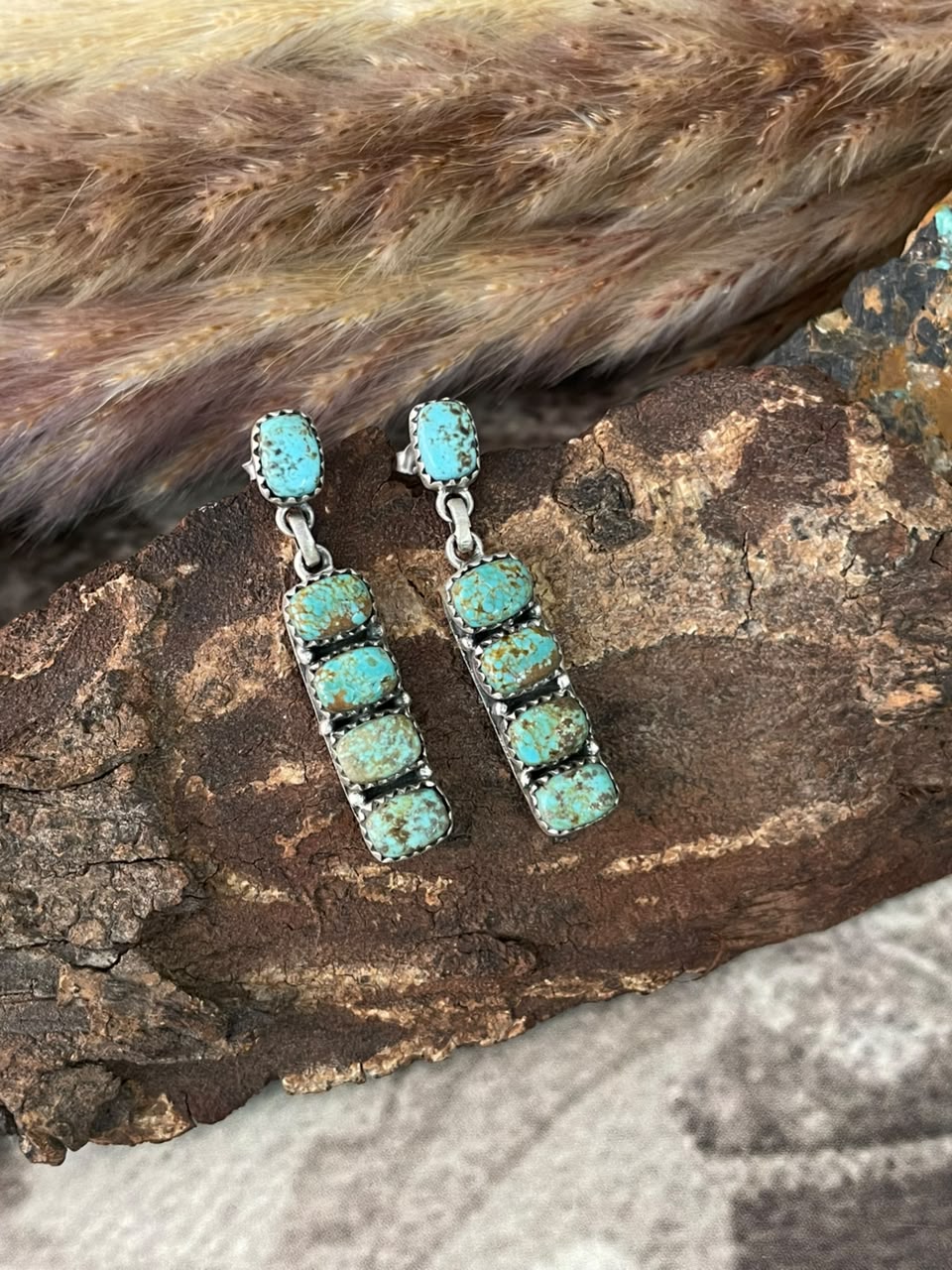 Handmade Sterling Silver Number 8 Turquoise Collection: Post Dangle Earrings Signed Nizhoni