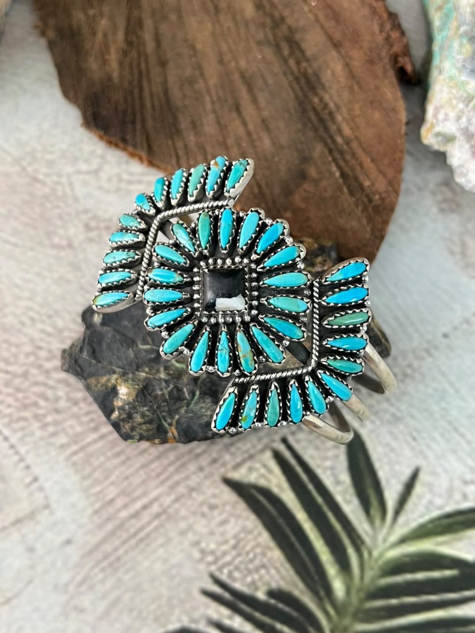 Handmade Sterling Silver White Buffalo with Kingman Turquoise Cuff Bracelet Signed Nizhoni