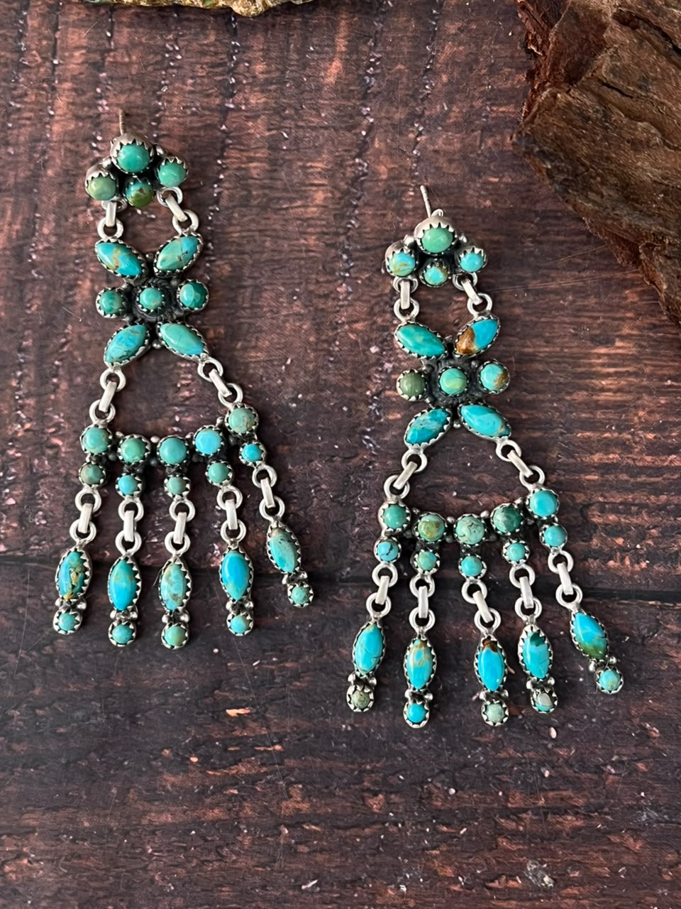 Handmade Sterling Silver Kingman Turquoise Post Dangle Earrings Signed Nizhoni