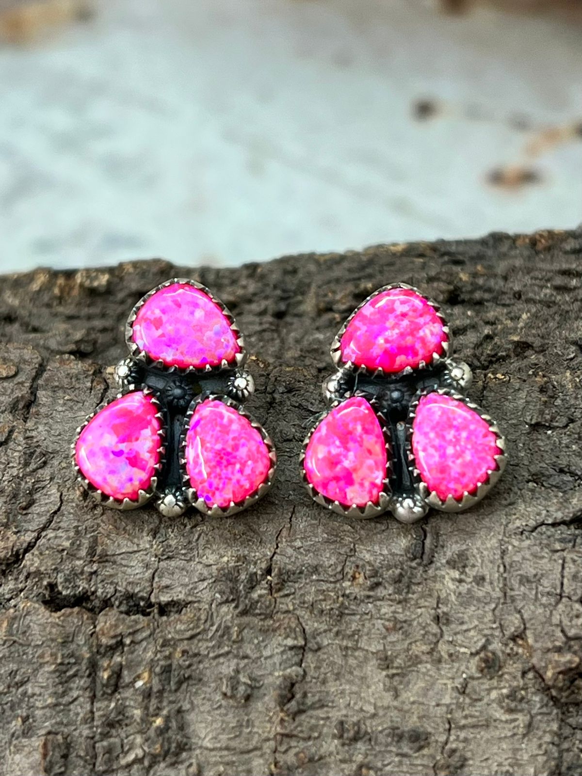 Handmade Sterling Silver Hot Pink Post Studs Earrings "Signed Nizhoni"