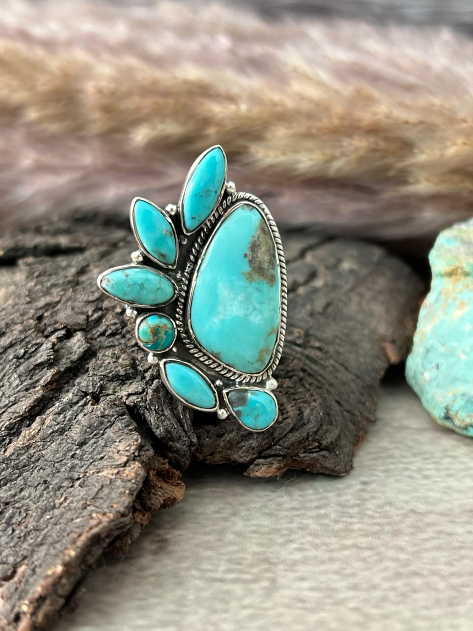 Handmade Sterling Silver Campitos Turquoise Collection: Adjustable Ring Signed Nizhoni
