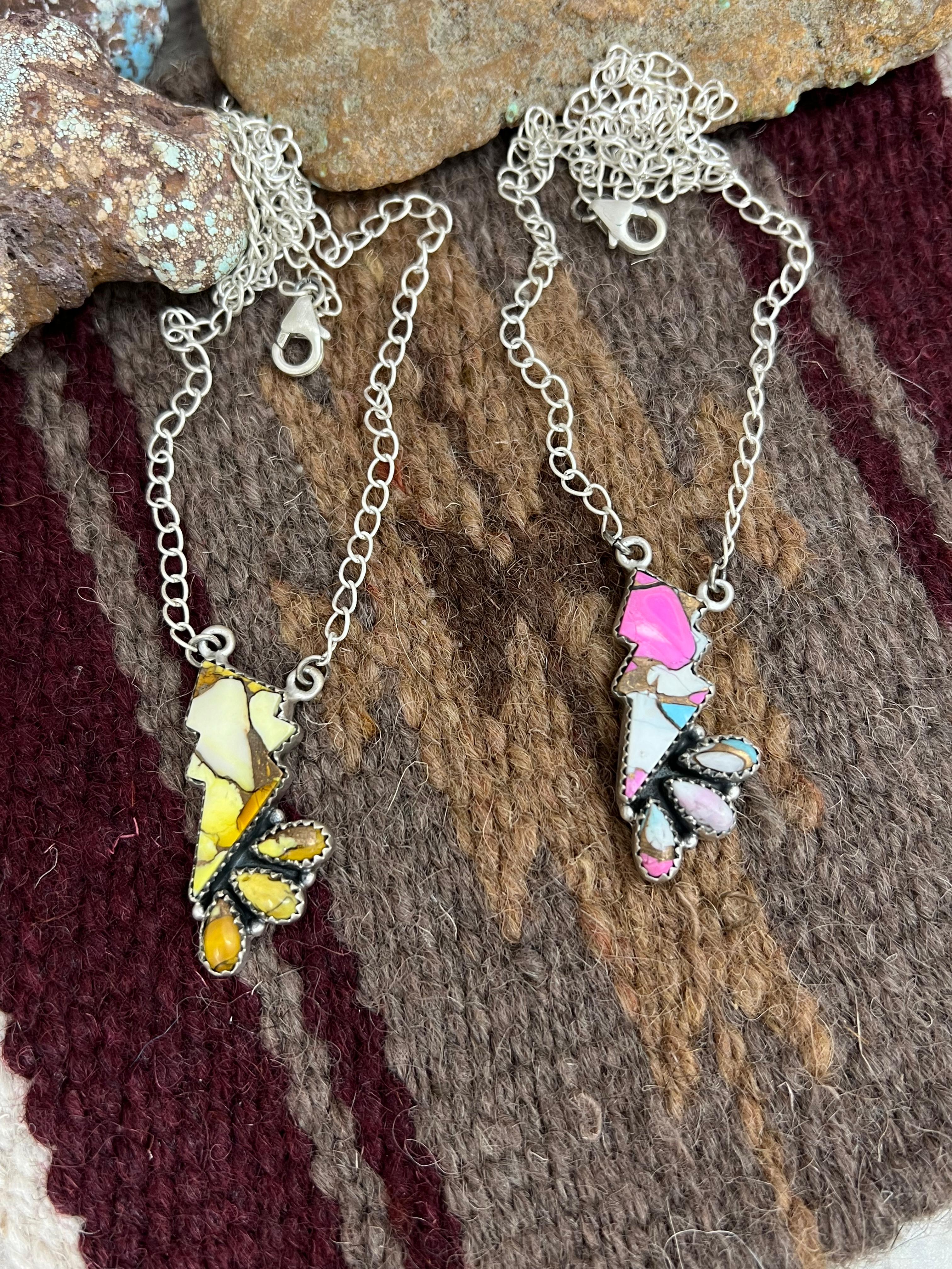 Handmade Sterling Silver Multi Gemstone Lightening Bolt Necklace with Signed Nizhoni