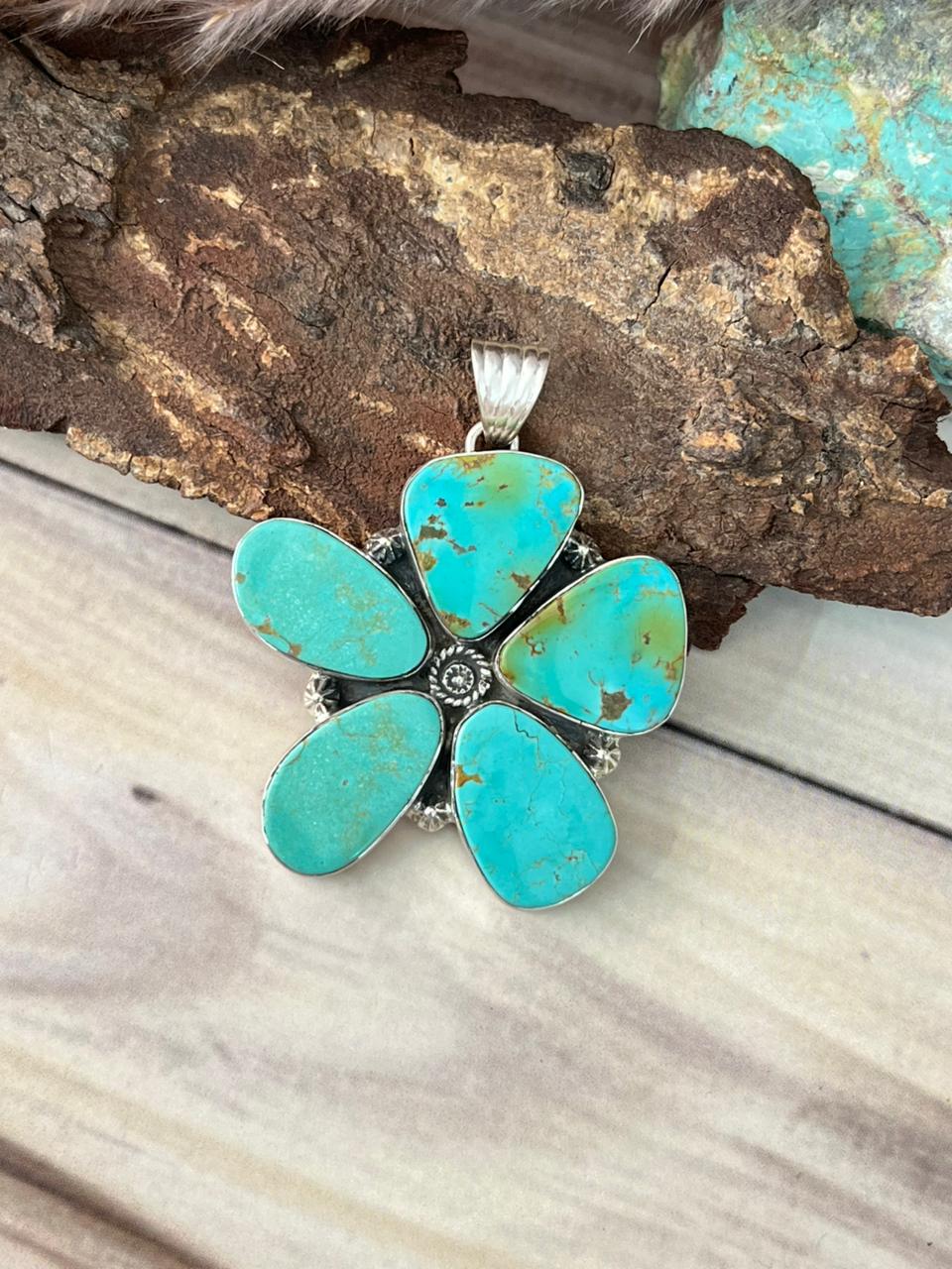 Handmade Sterling Silver Green Kingman Turquoise Collection: Pendant Signed Nizhoni