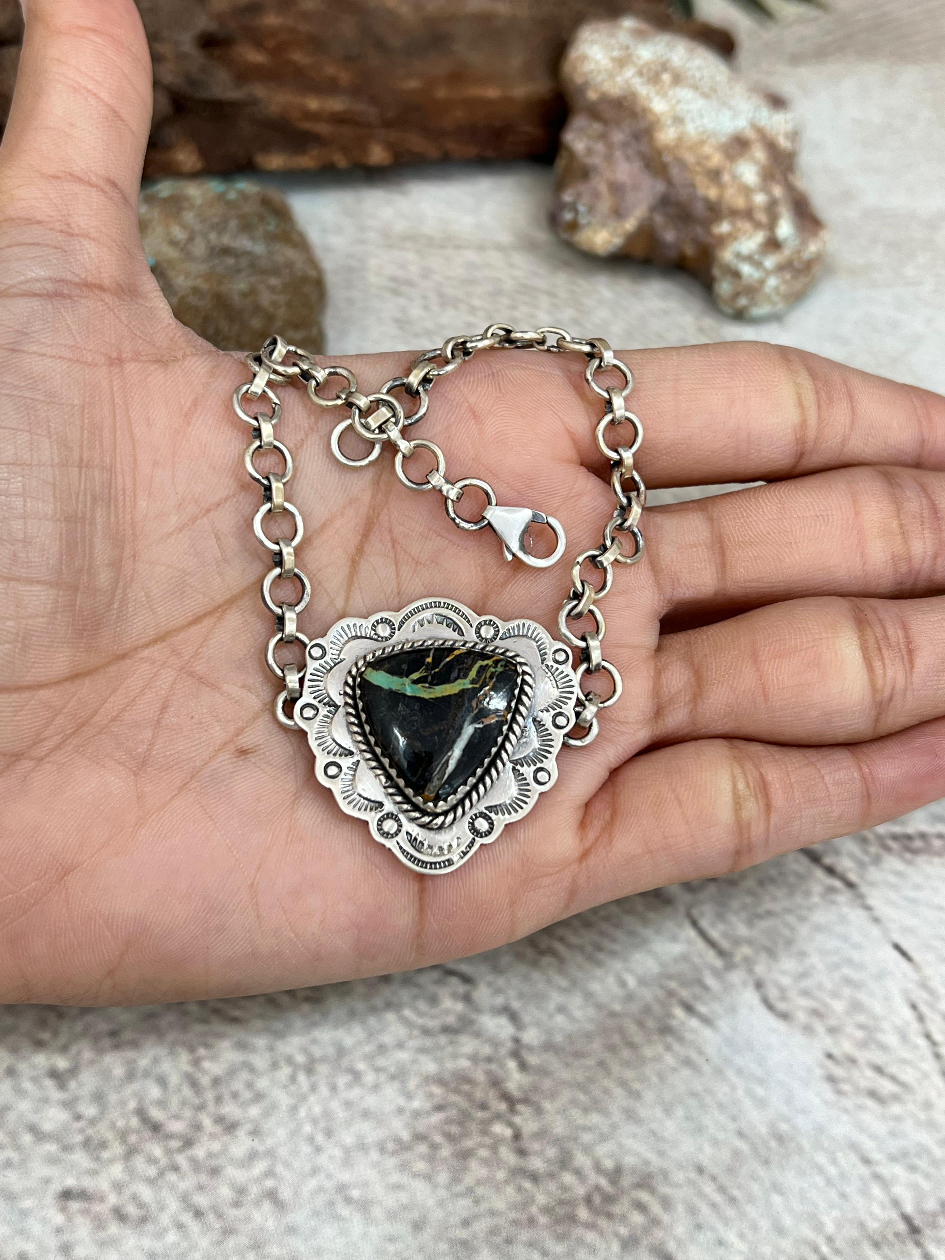 Handmade Sterling Silver Blackjack Turquoise Chain Bracelet Signed Nizhoni