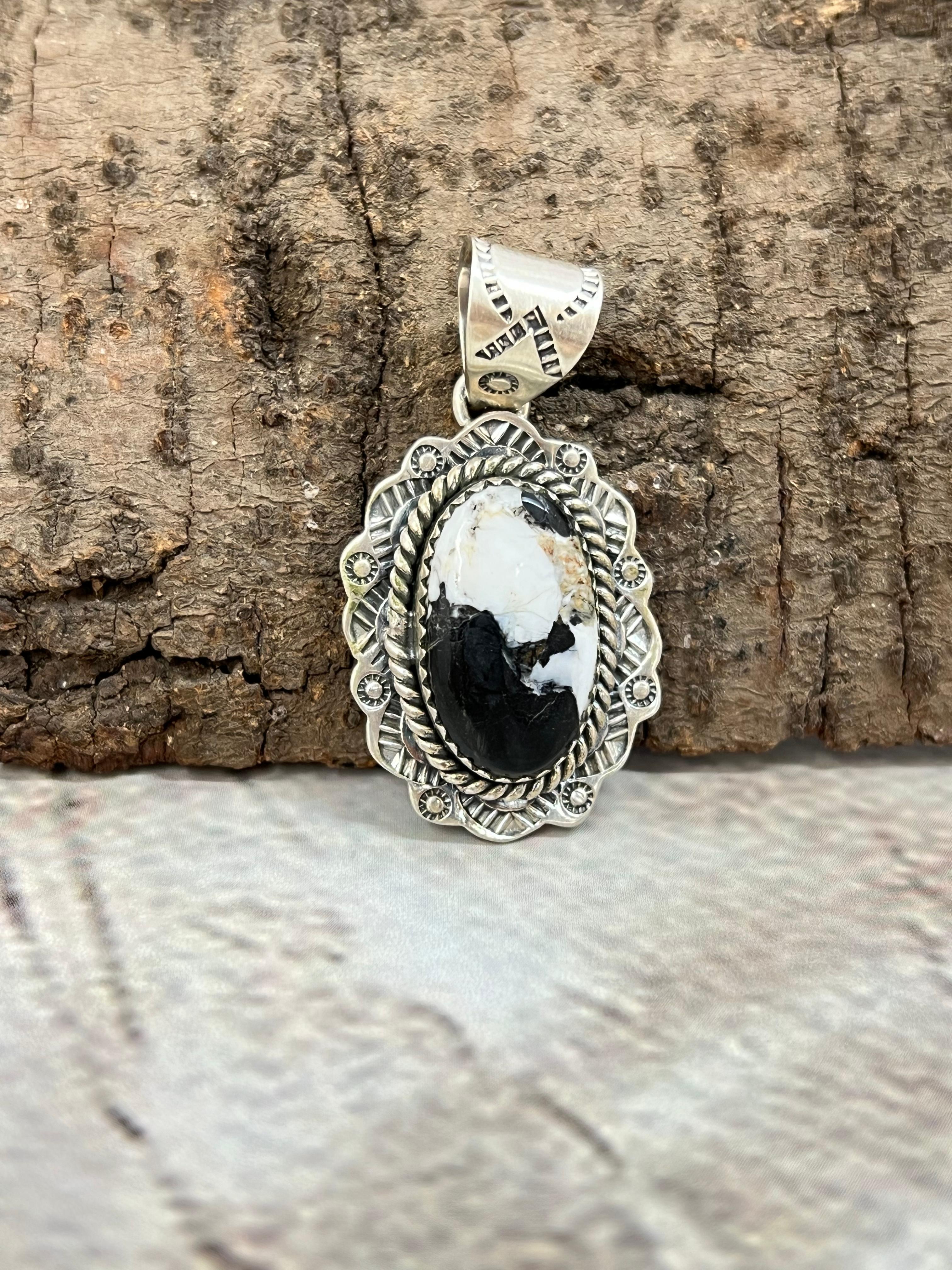 Handmade Sterling Silver White Buffalo Turquoise Pendant with Signed Nizhoni