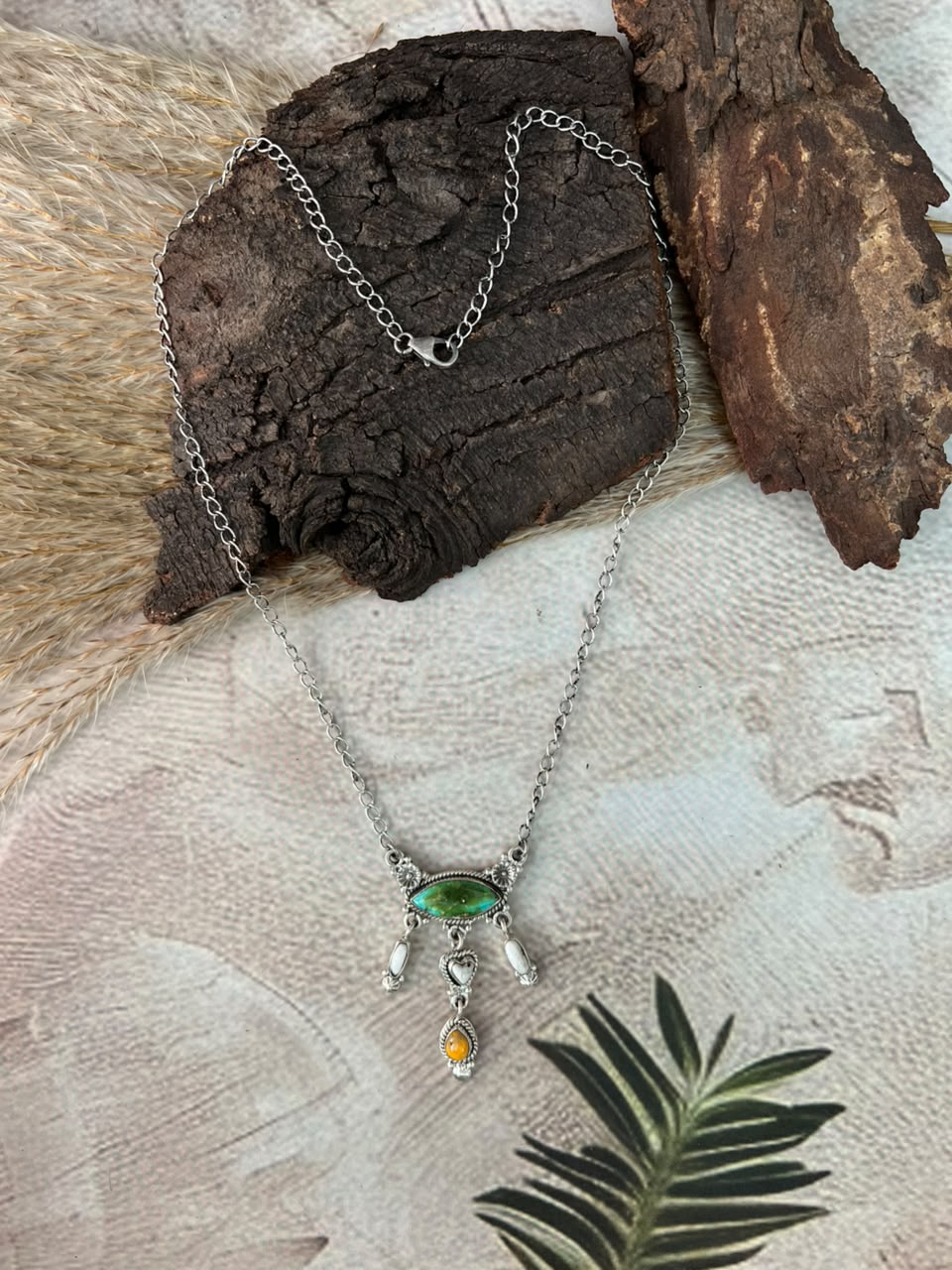 Handmade Sterling Silver Sonoran Mountain Turquoise with Bumblebee and White Buffalo Spring Collection: Necklace Signed Nizhoni