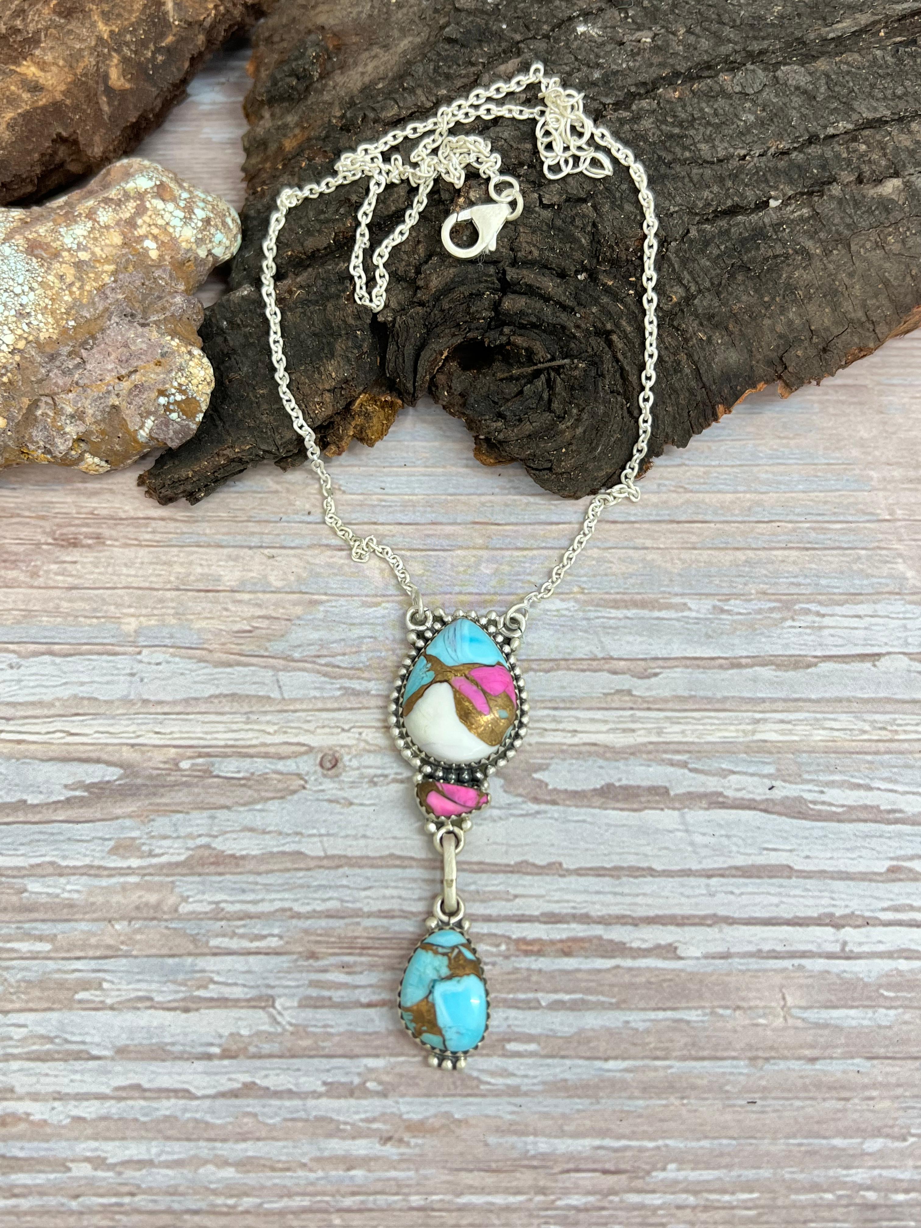 Handmade Sterling Silver Cotton Candy Turquoise Necklace with Signed Nizhoni