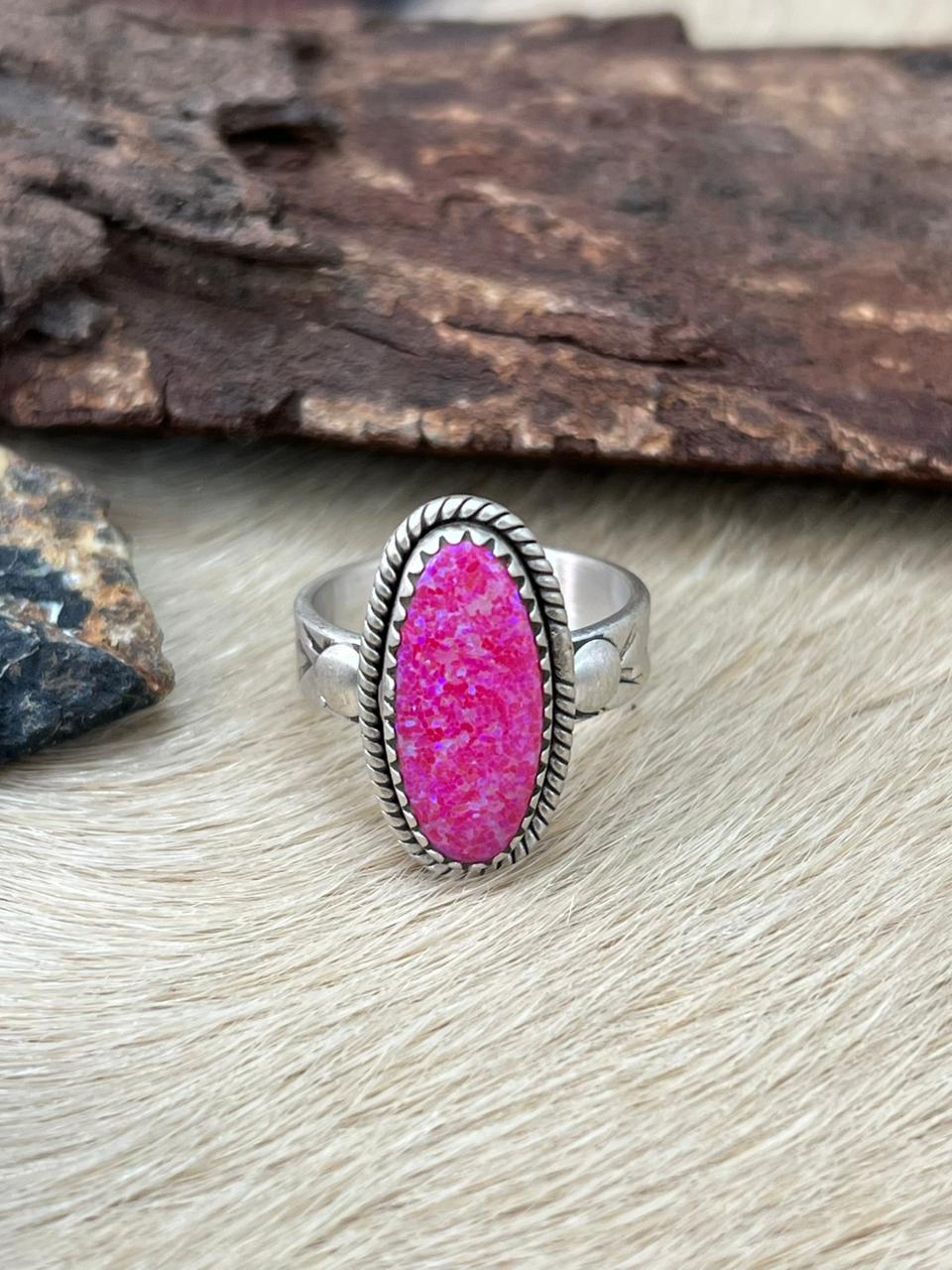Handmade Sterling Silver Hot Pink Adjustable Ring "Signed Nizhoni"