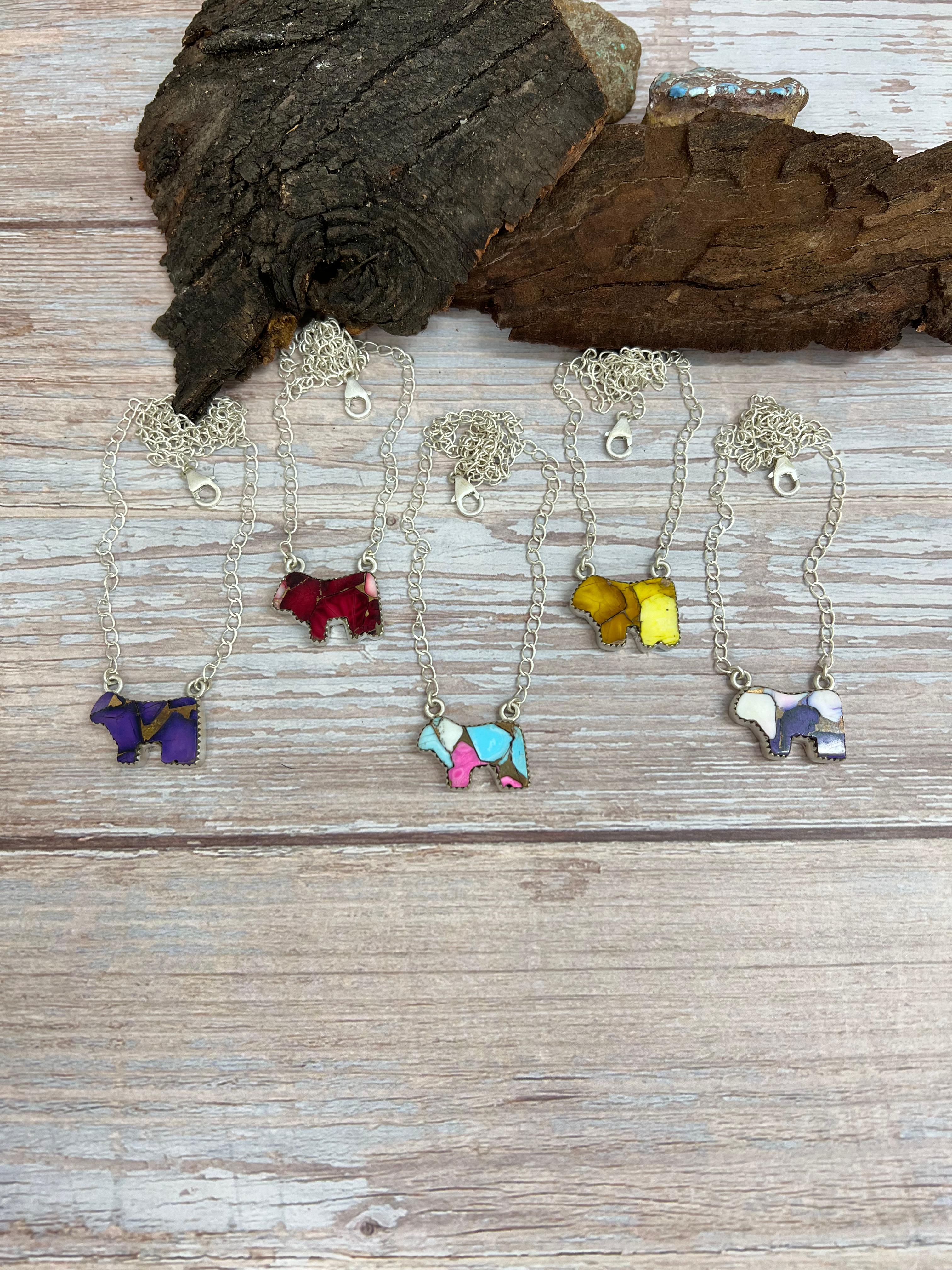 Handmade Sterling Silver Multi Stone Bull Necklace Signed Nizhoni