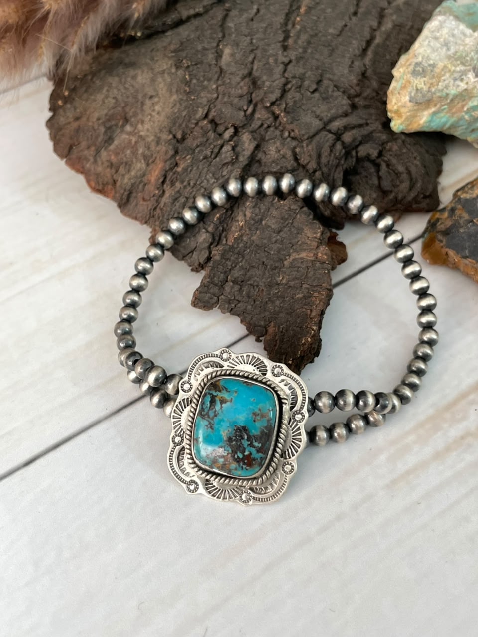 Handmade Sterling Silver Crimson Cowgirl Turquoise Collection: Stretchy Beaded Bracelet Signed Nizhoni