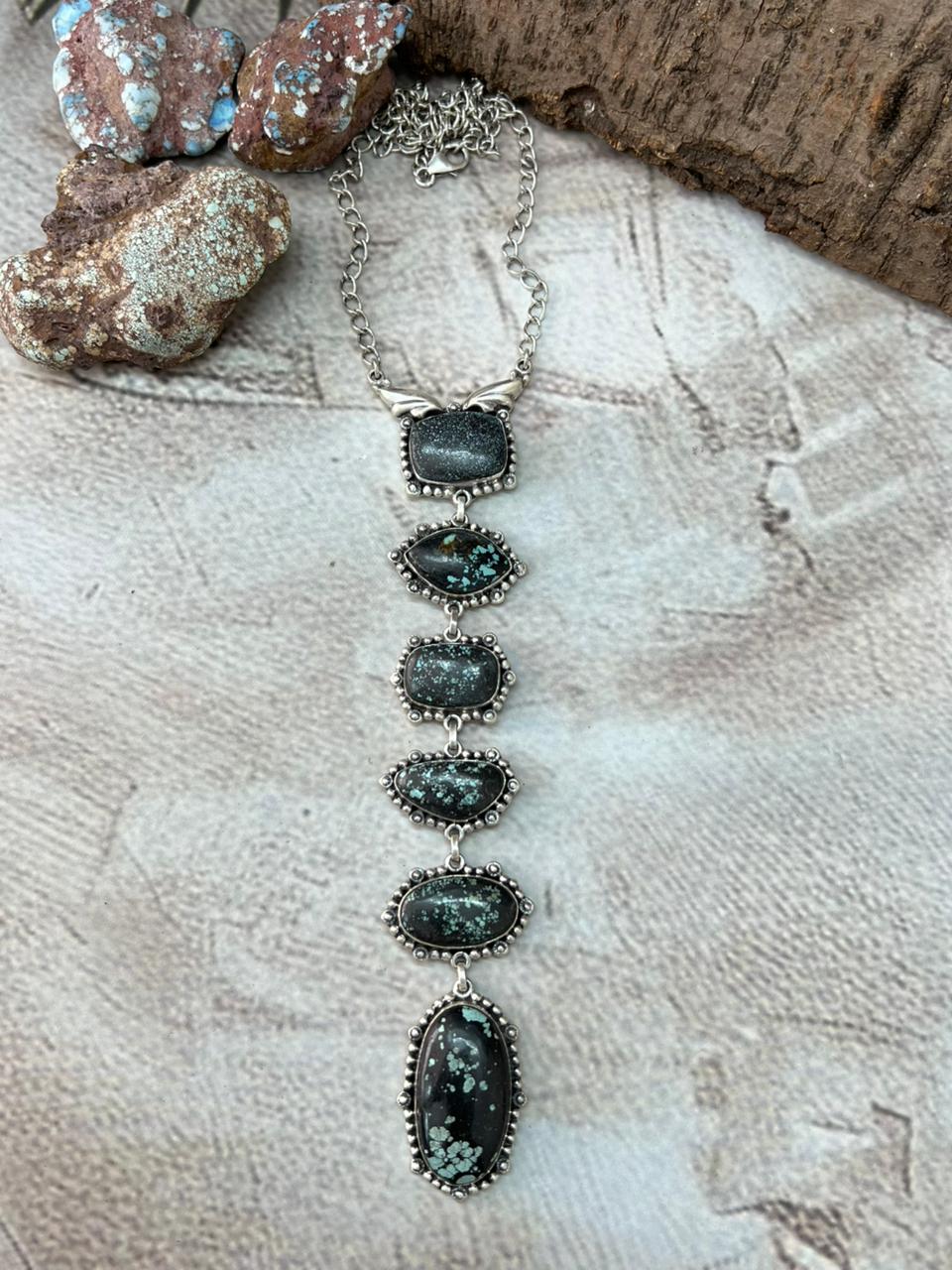 Handmade Sterling Silver Lander Turquoise Necklace with Signed Nizhoni