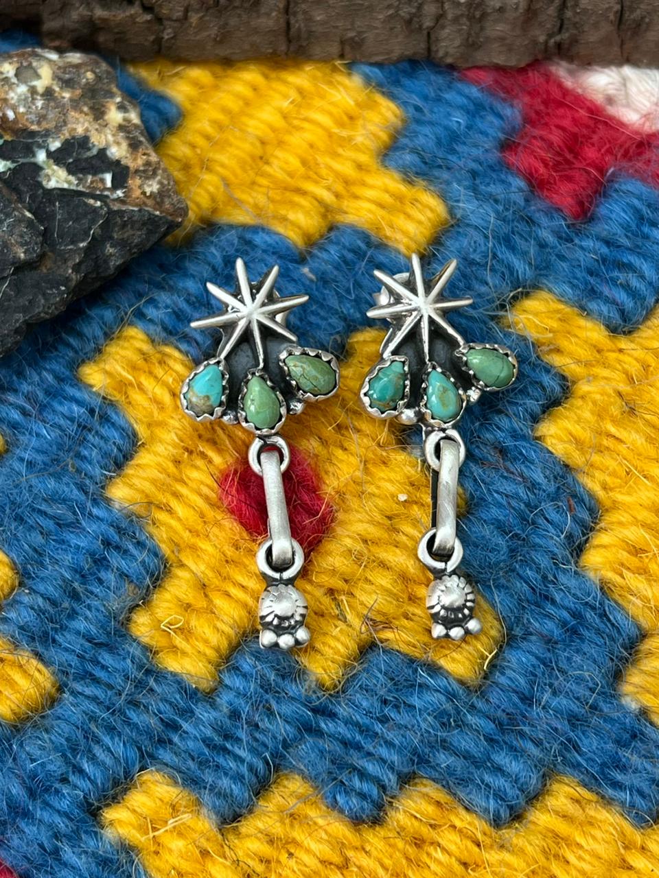 Handmade Sterling Silver Kingman Turquoise Post Dangle Earrings "Signed Nizhoni"
