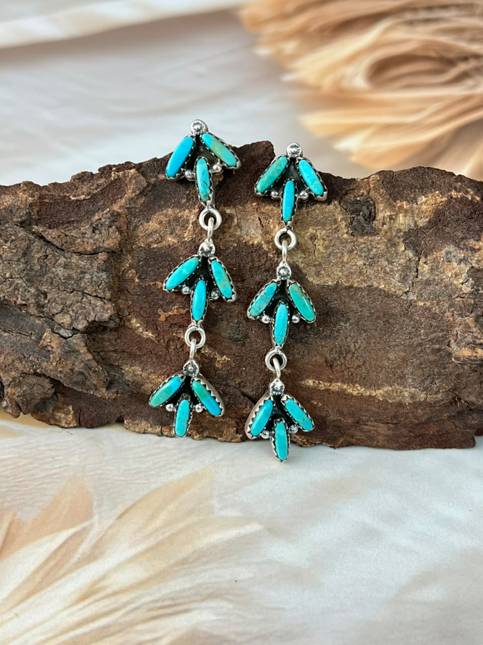 Handmade Sterling Silver Kingman Turquoise Post Dangle Earrings Signed Nizhoni (4)