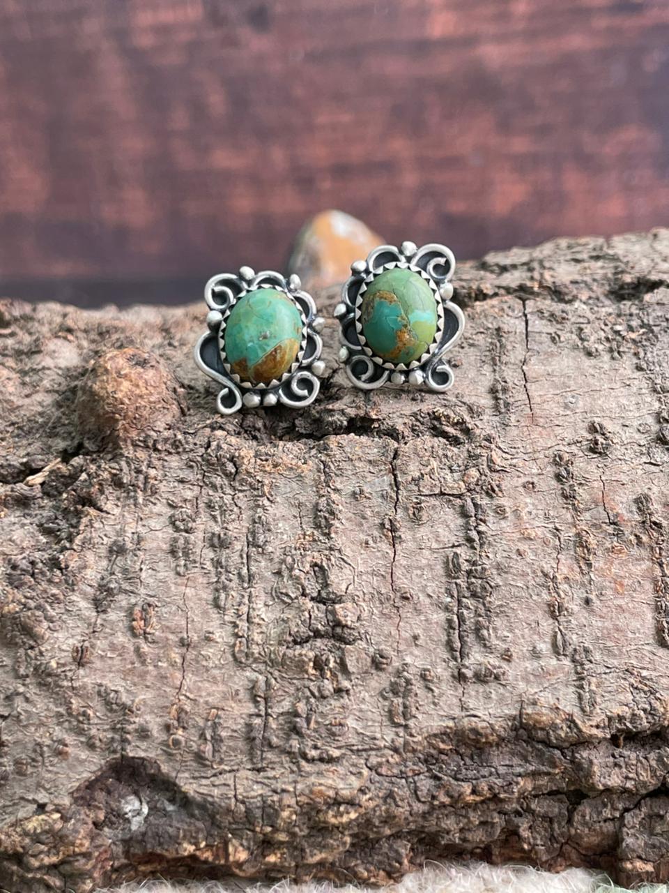 Handmade Sterling Silver Kingman Turquoise Post Studs Earrings "Signed Nizhoni"