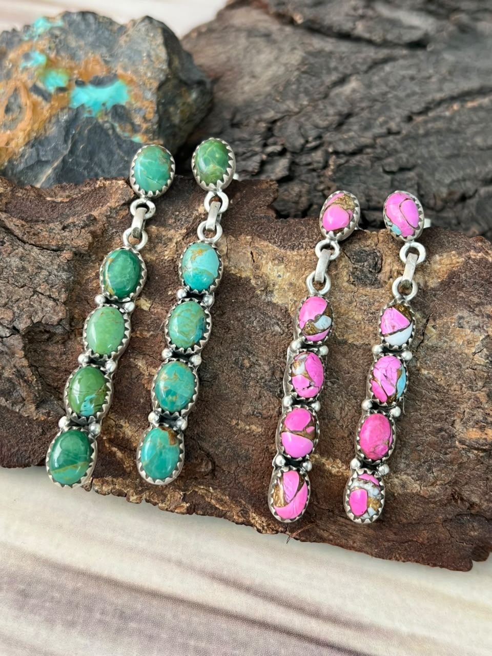 Handmade Sterling Silver Kingman Turquoise with Cotton Candy Post Dangle Earrings Signed Nizhoni