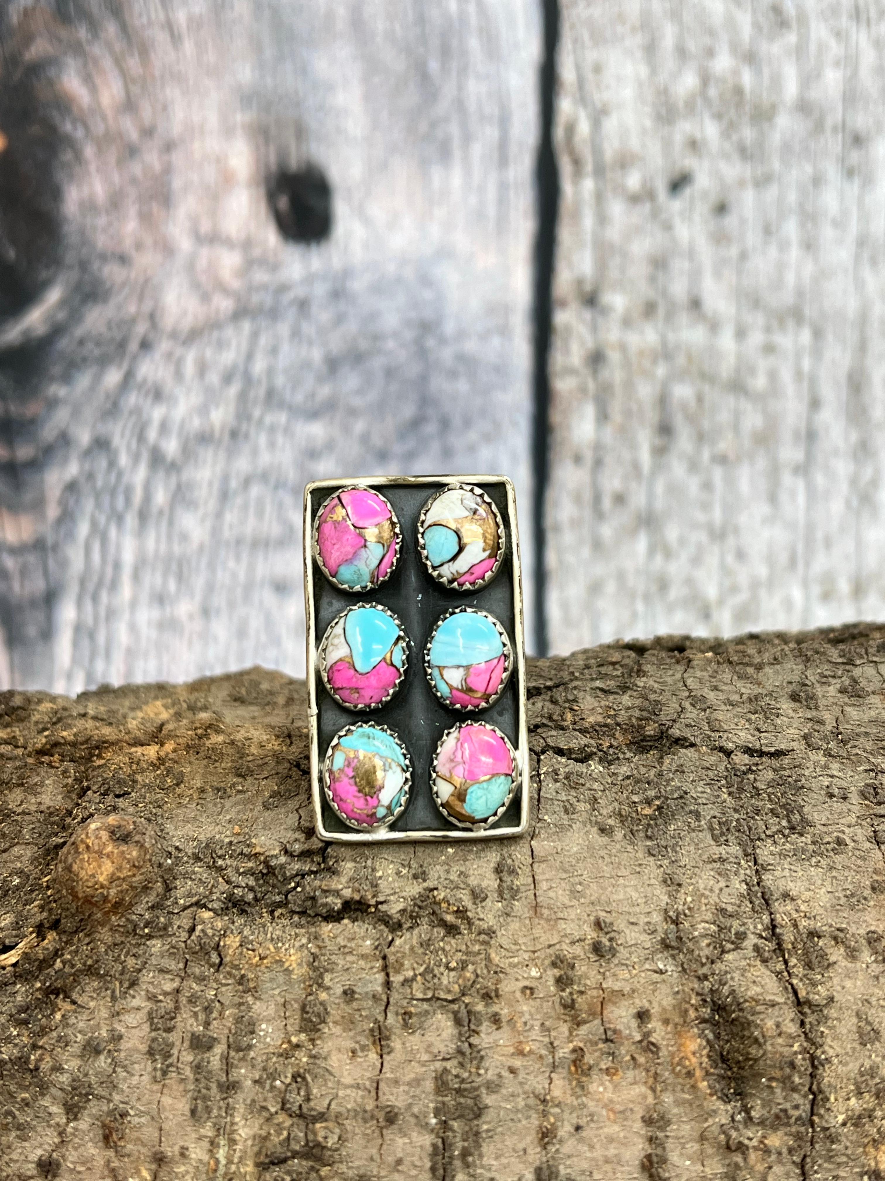 Handmade Sterling Silver Cotton Candy Turquoise Adjustable Ring with Signed Nizhoni