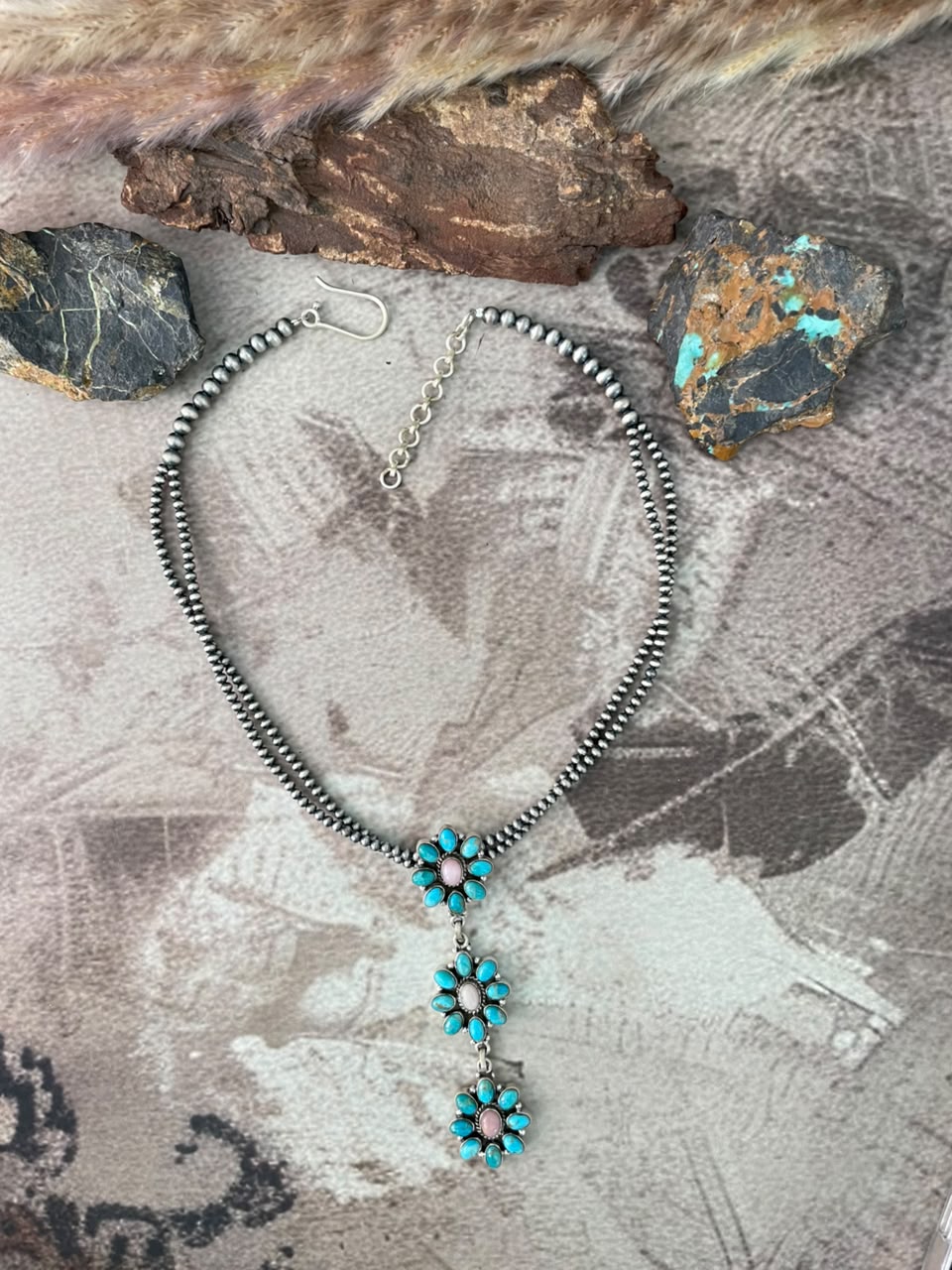 Handmade Sterling Silver Kingman Turquoise with Pink Opal Beaded Necklace Signed Nizhoni