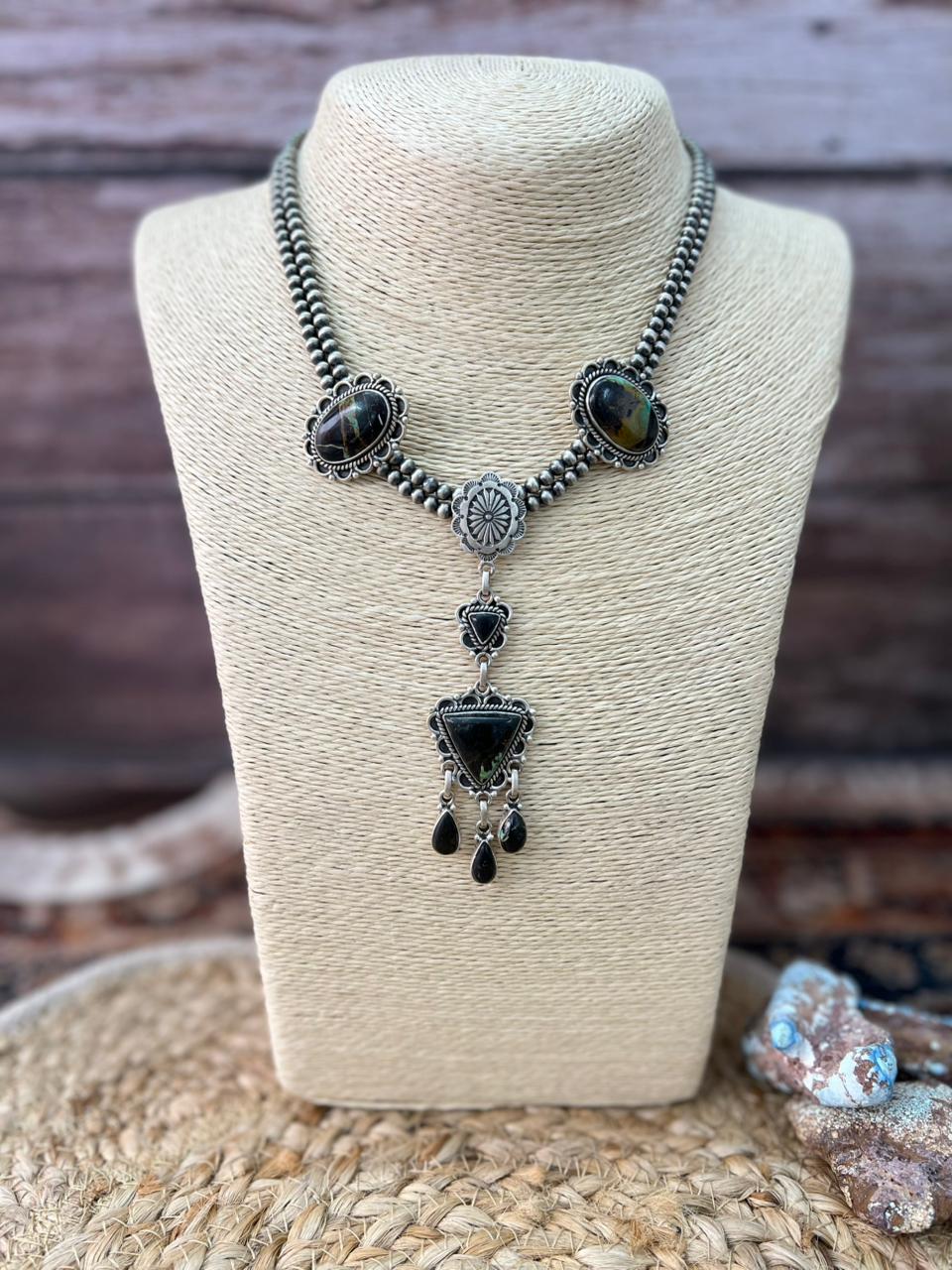 Handmade Sterling Silver Blackjack Turquoise Beaded Necklace "Signed Nizhoni"