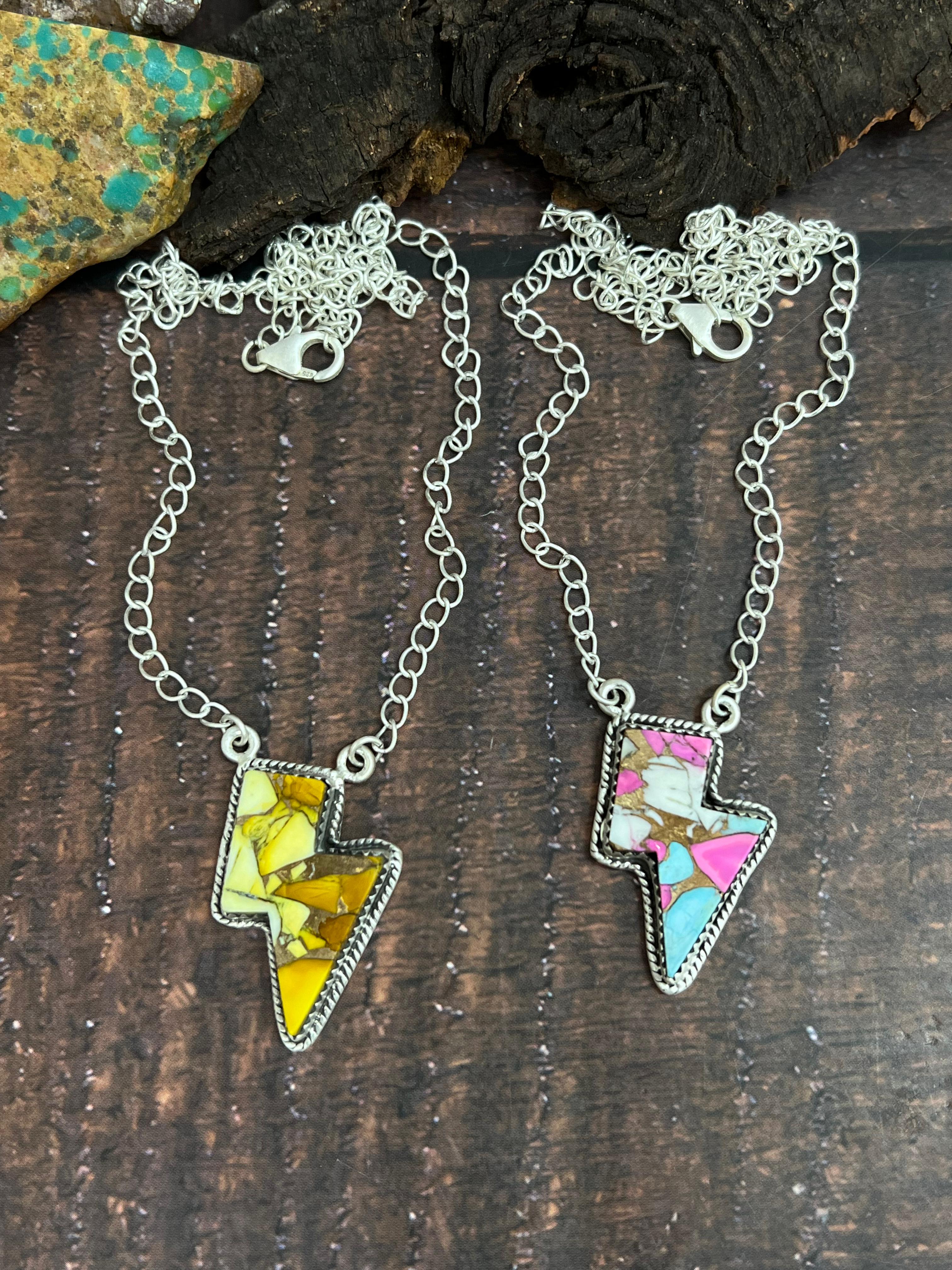 Handmade Sterling Silver Cotton Candy, Honey Dahlia Lightning Bolt Necklace Signed Nizhoni (3)