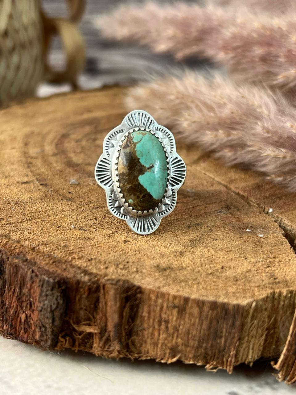 Handmade Sterling Silver Cripple Creek Turquoise Adjustable Ring Signed Nizhoni