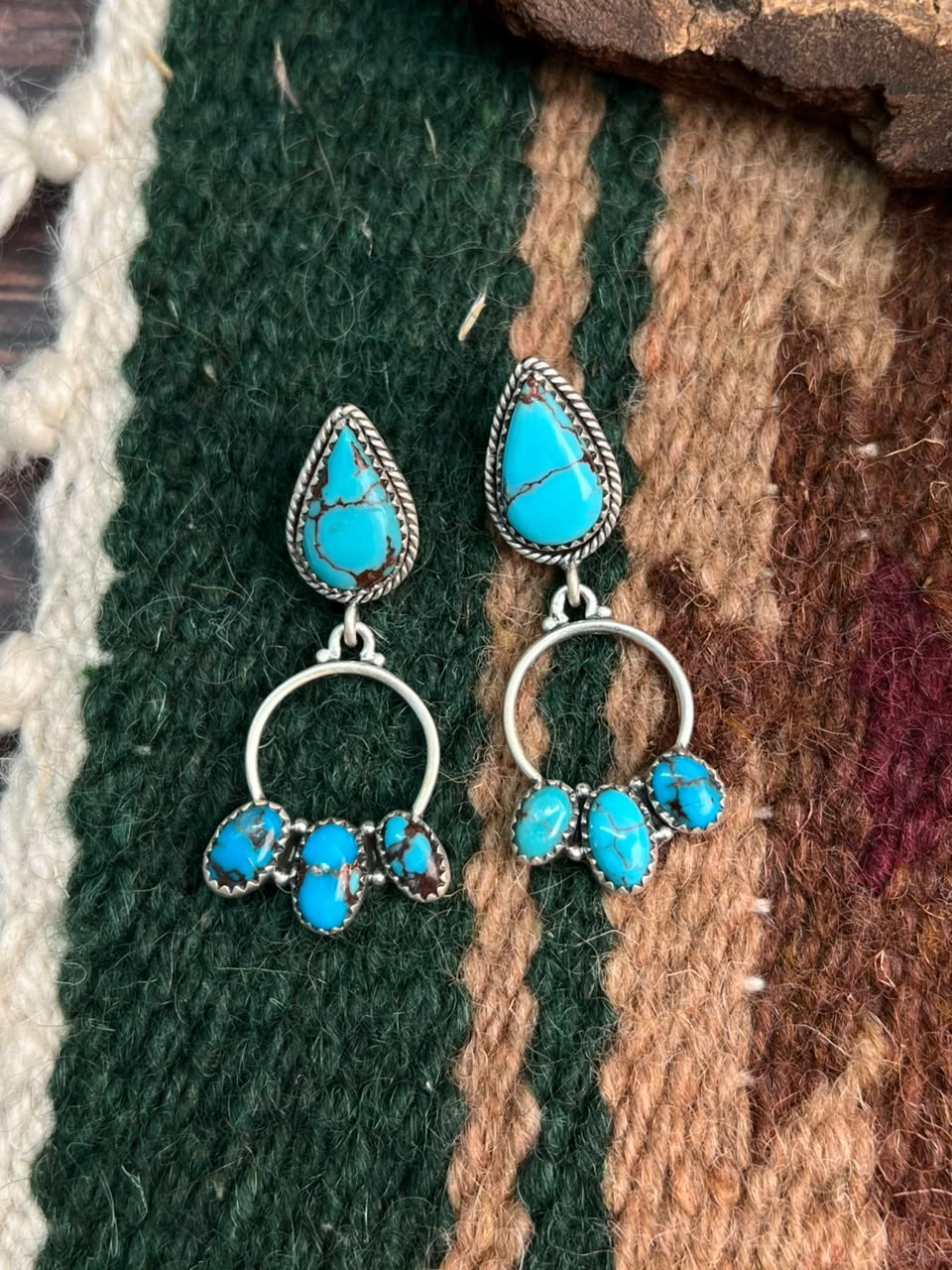 Handmade Sterling Silver Egyptian Turquoise Post Dangle Earrings Signed Nizhoni