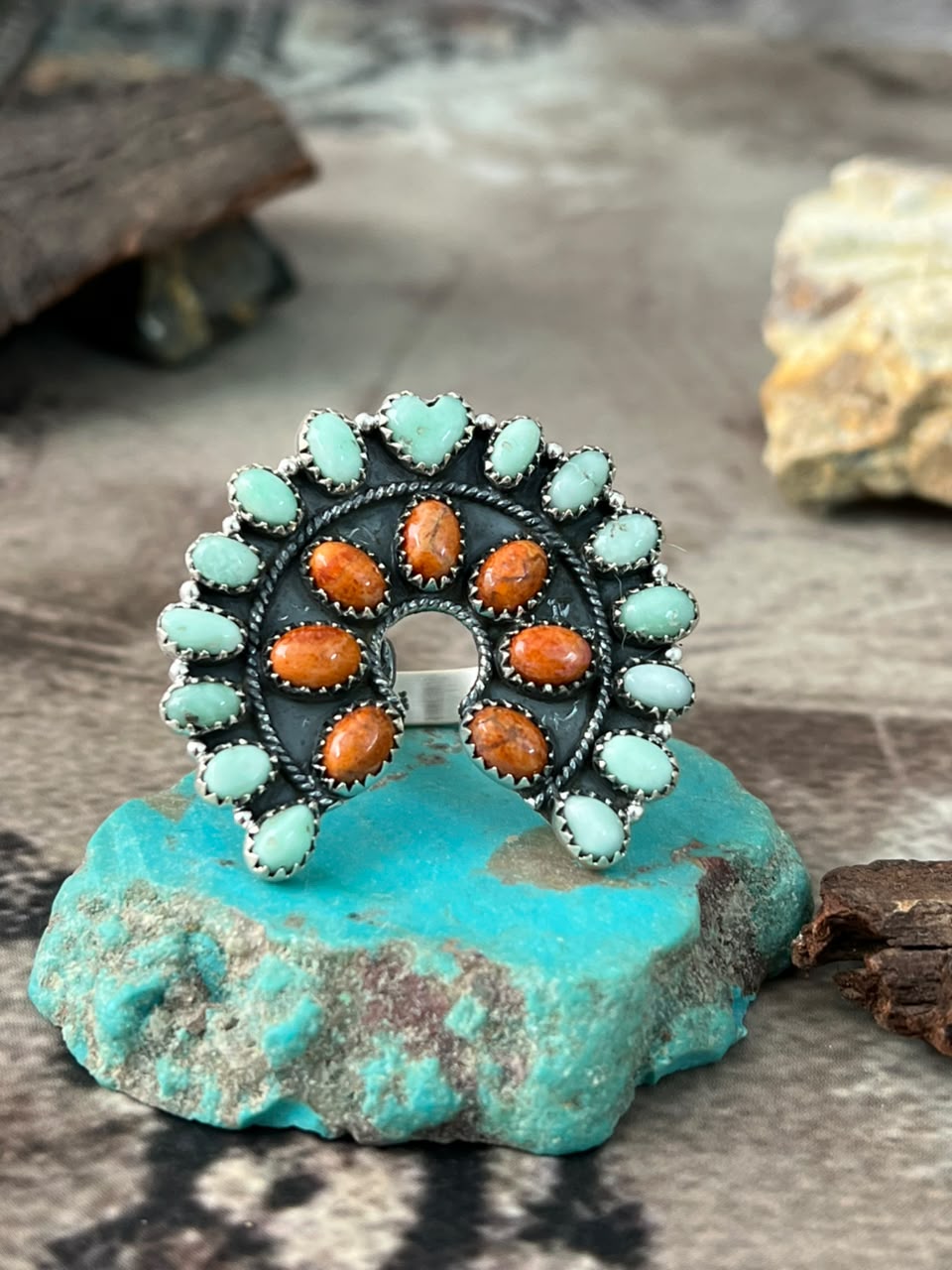Handmade Sterling Silver Paloma Turquoise with Orange Mojave Adjustable Ring Signed Nizhoni