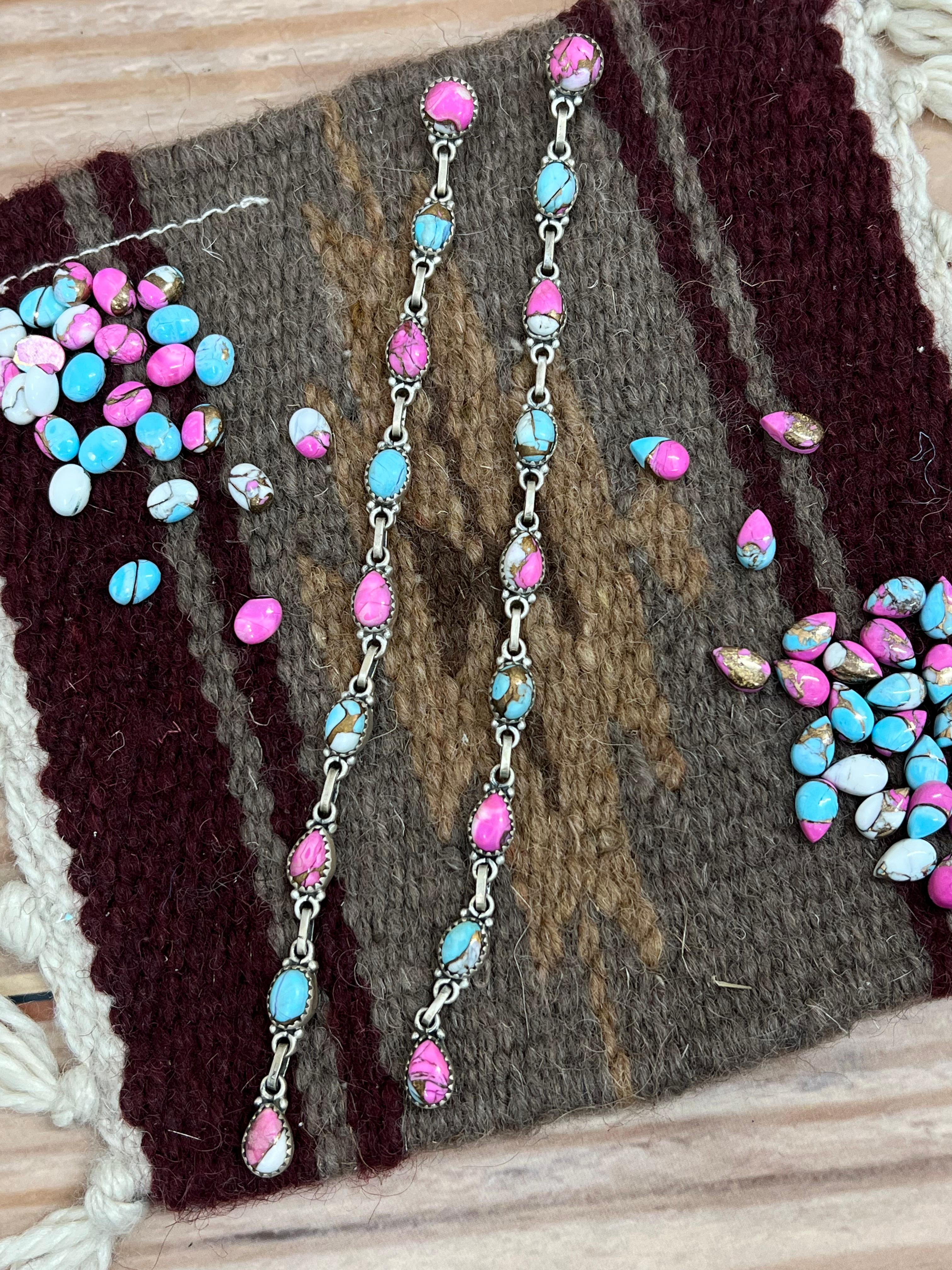 Handmade Sterling Silver Cotton Candy Turquoise Dangle Earrings with Signed Nizhoni