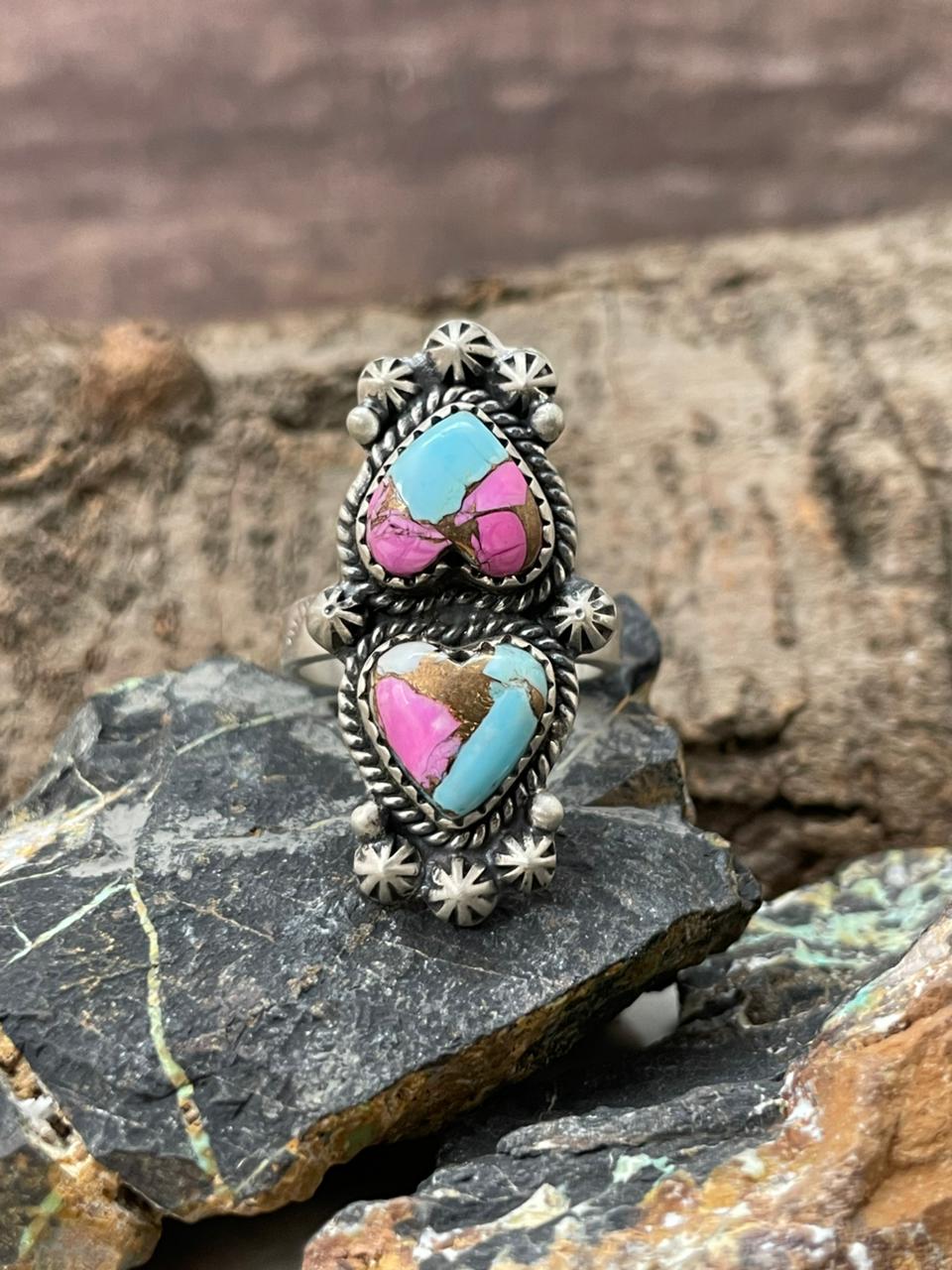 "Heart Collection" Handmade Sterling Silver Cotton Candy Adjustable Ring "Signed Nizhoni"