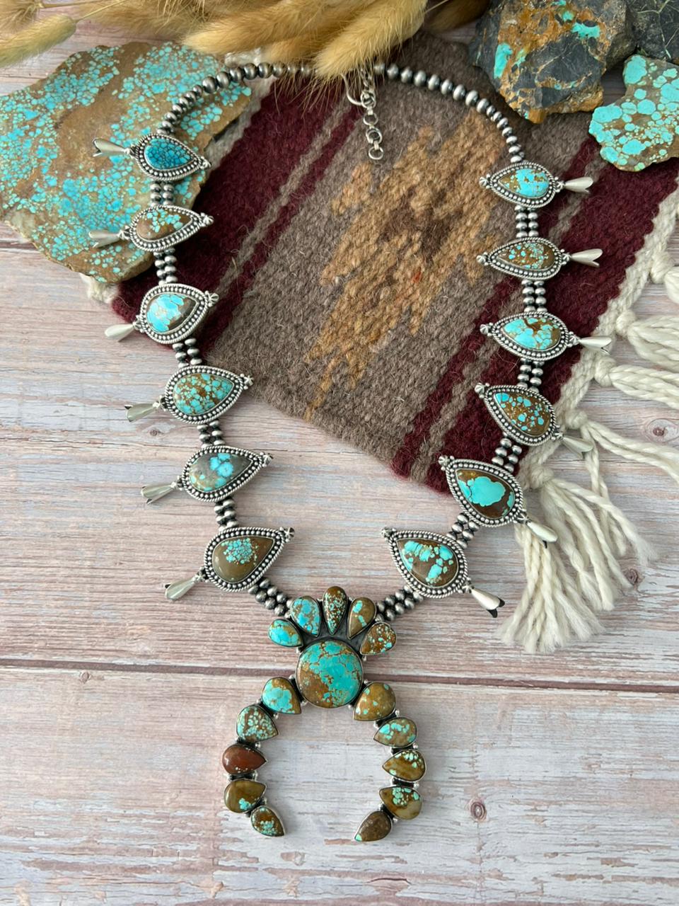 Handmade Sterling Silver Number 8 Turquoise Squash Blossom Beaded Necklace "Signed Nizhoni"