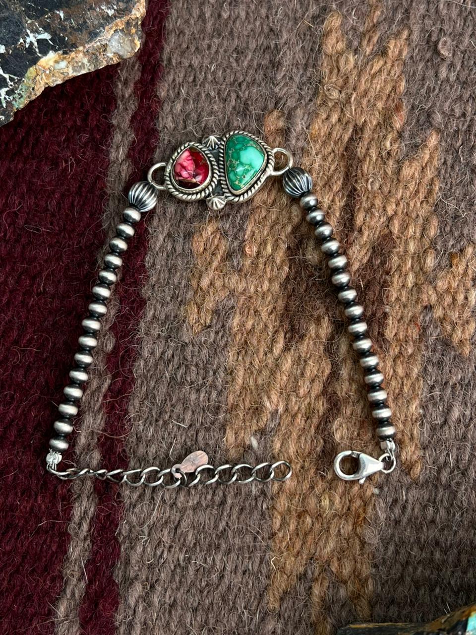 Handmade Sterling Silver Dahlia Rose with Emerald Valley Turquoise Beaded Bracelet "Signed Nizhoni"