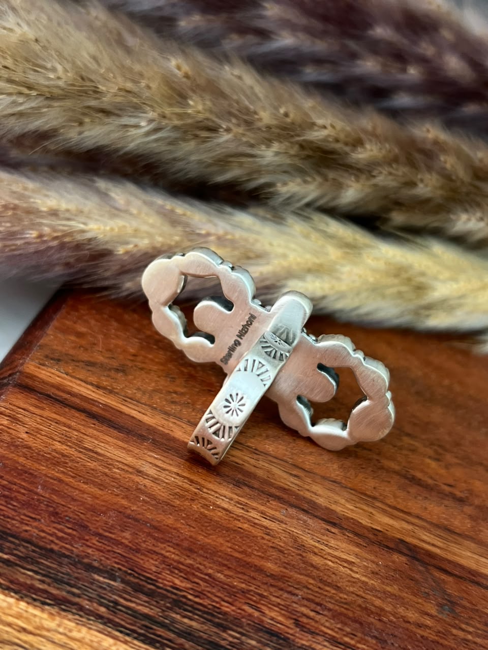 Handmade Sterling Silver Kingman Turquoise with Orange Mojave Adjustable Ring Signed Nizhoni
