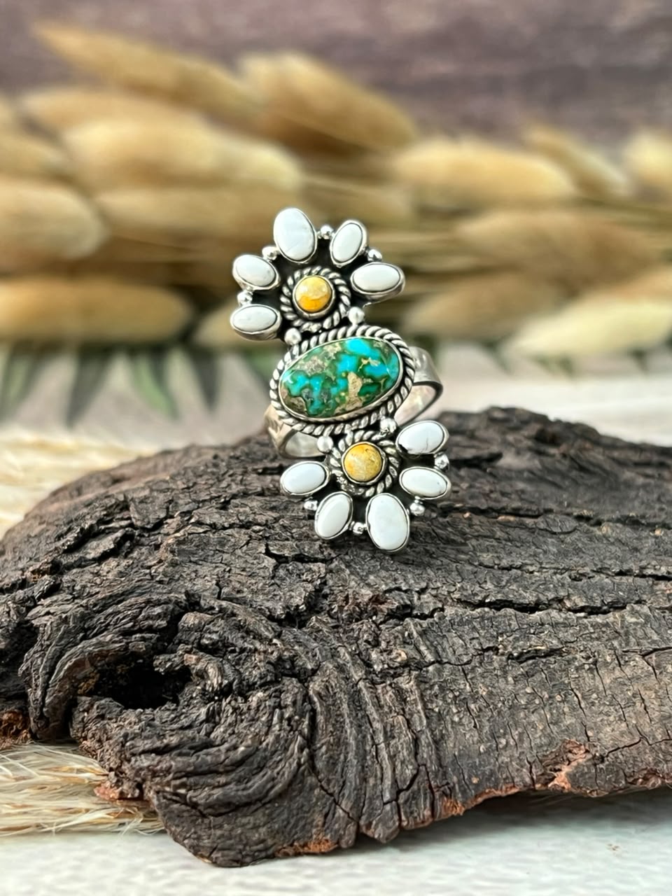 Handmade Sterling Silver Sonoran Mountain Turquoise with Bumblebee and White Buffalo Spring Collection: Adjustable Ring Signed Nizhoni