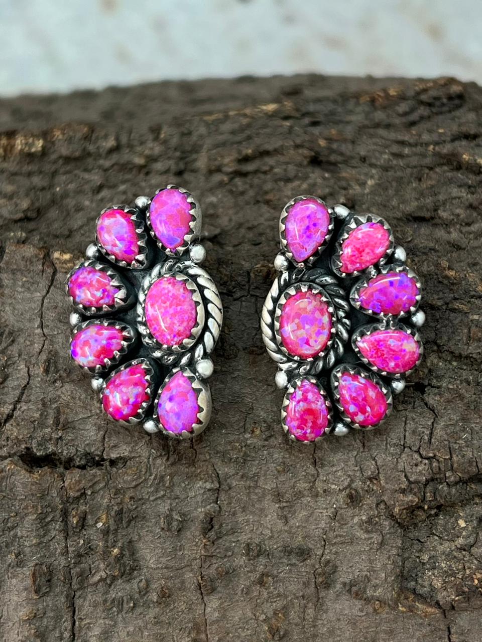Handmade Sterling Silver Hot Pink Post Studs Earrings "Signed Nizhoni"