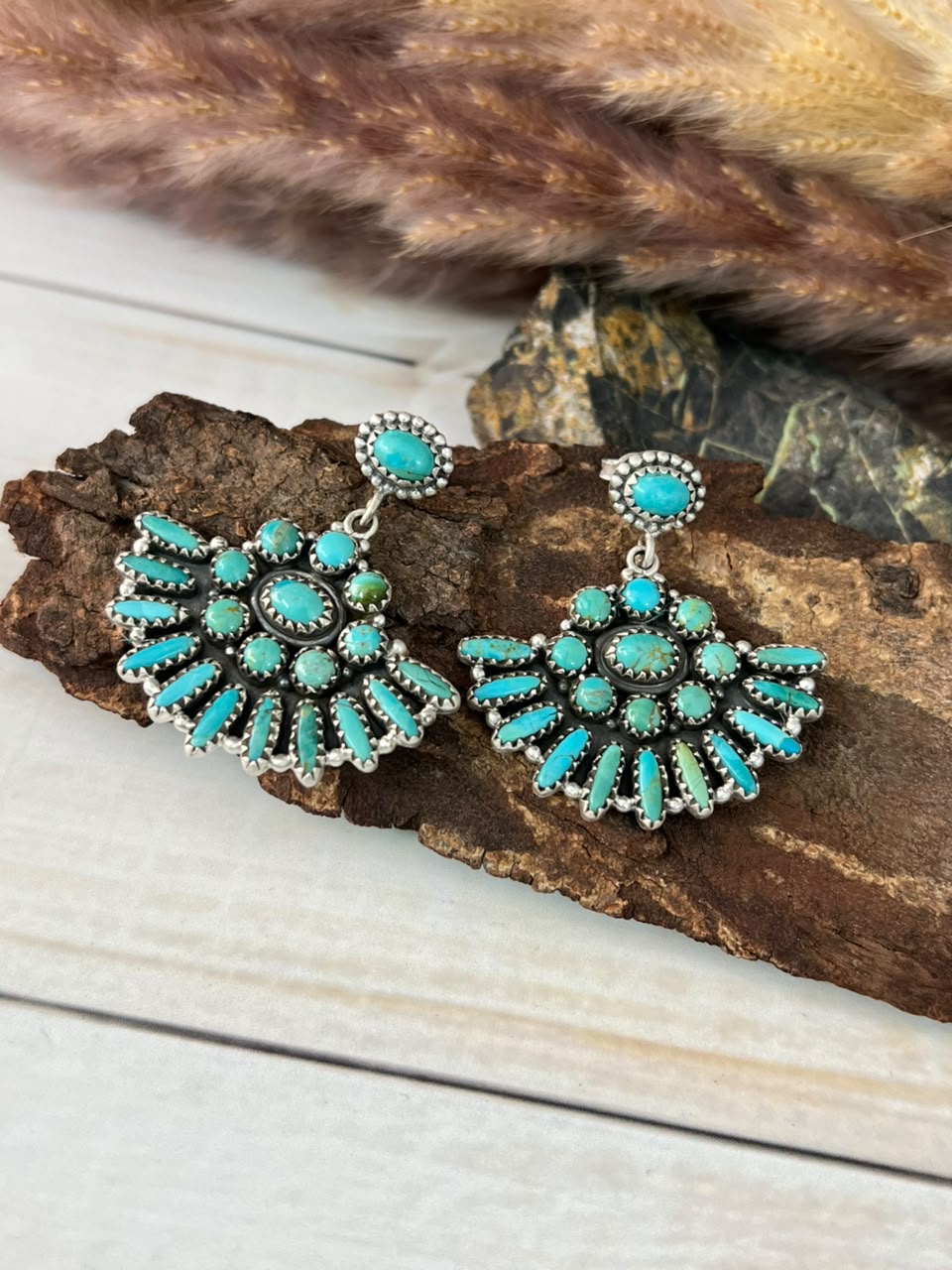 Handmade Sterling Silver Kingman Turquoise Post Dangle Earrings Signed Nizhoni