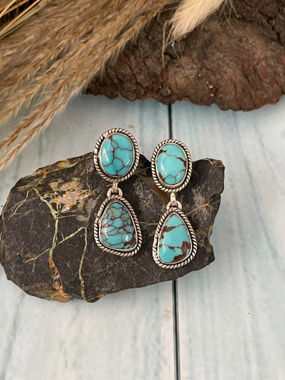 Handmade Sterling Silver Egyptian Turquoise Collection: Post Dangle Earrings Signed Nizhoni