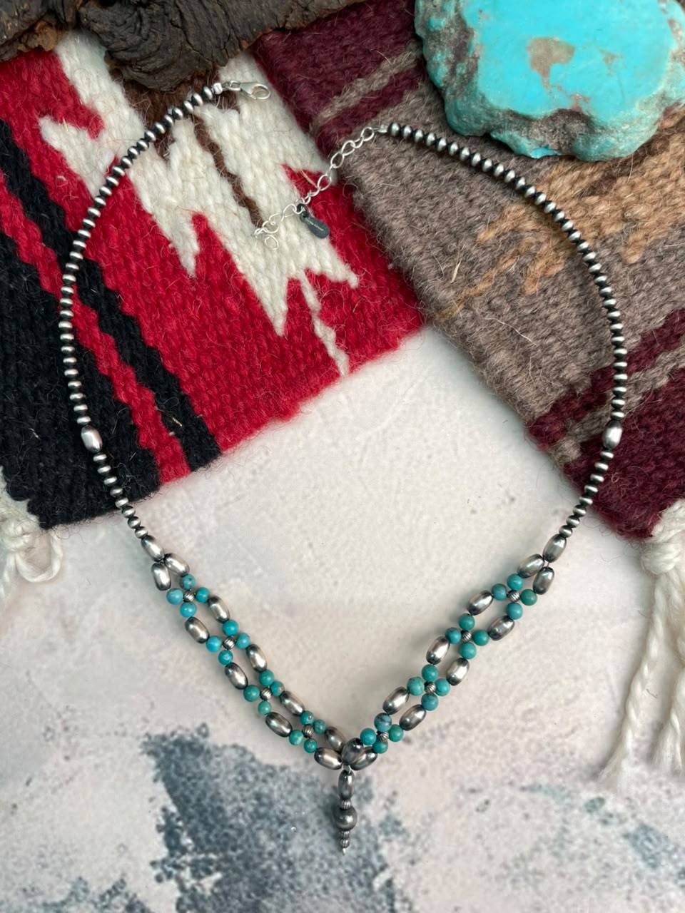 Handmade Sterling Silver Kingman Turquoise Beaded Necklace Signed Nizhoni