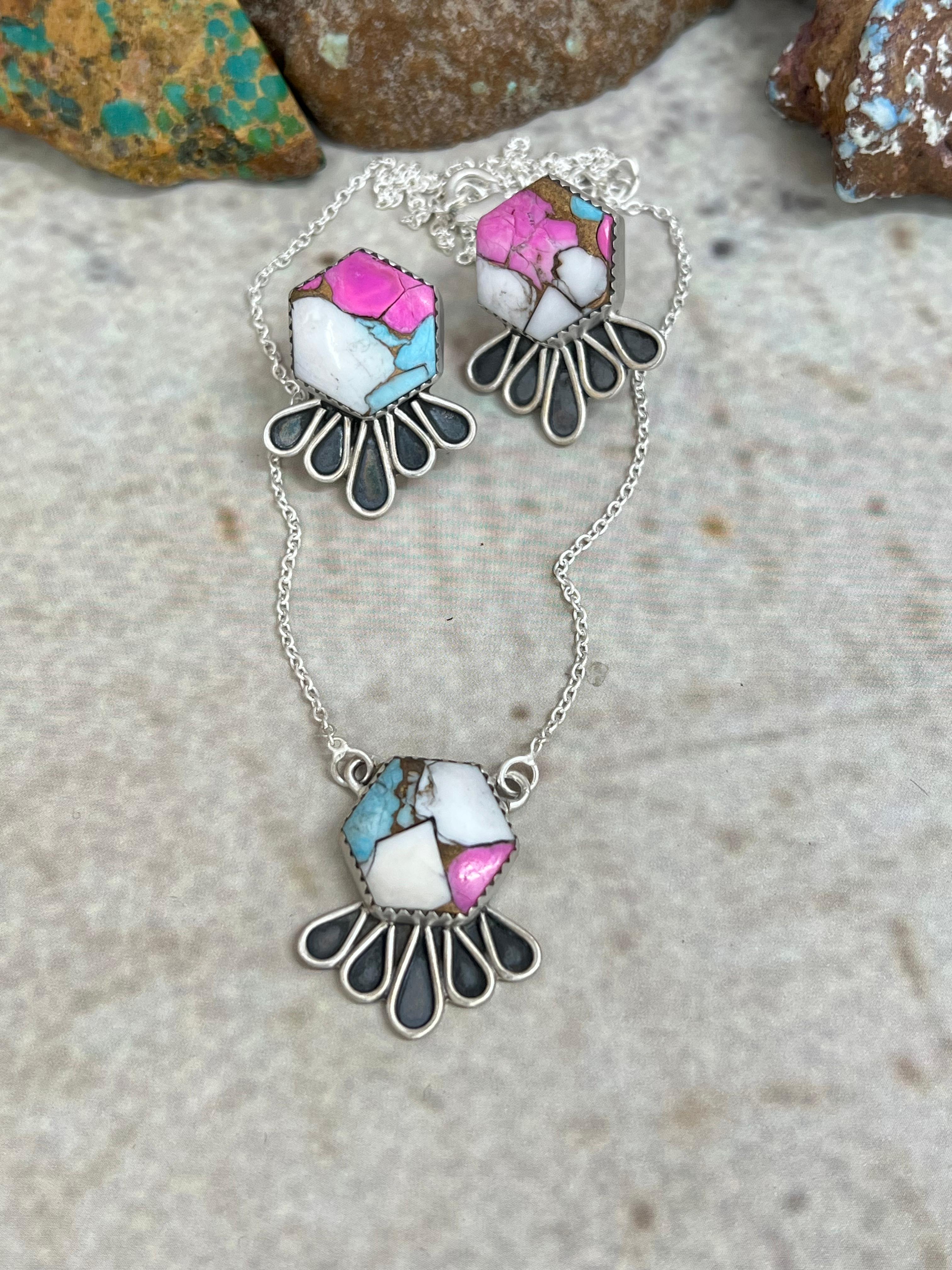 Handmade Sterling Silver Cotton Candy Necklace Earrings Set Signed Nizhoni (5)