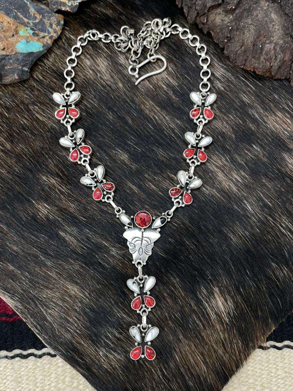 Handmade Sterling Silver White Buffalo with Red Opal Necklace "Signed Nizhoni"