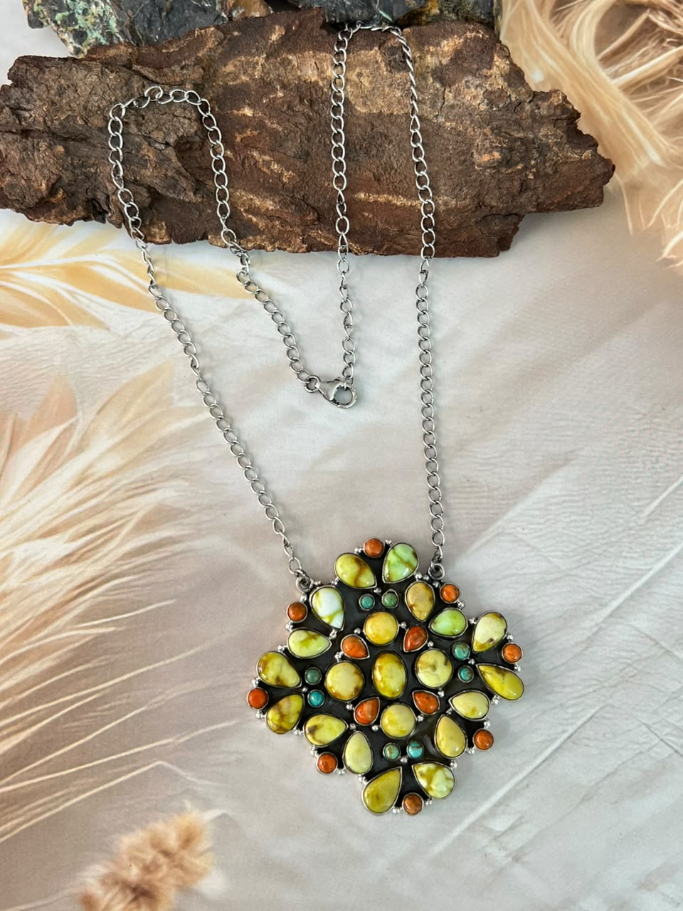 Handmade Sterling Silver Palomino with Kingman Turquoise and Orange Mojave Necklace Signed Nizhoni