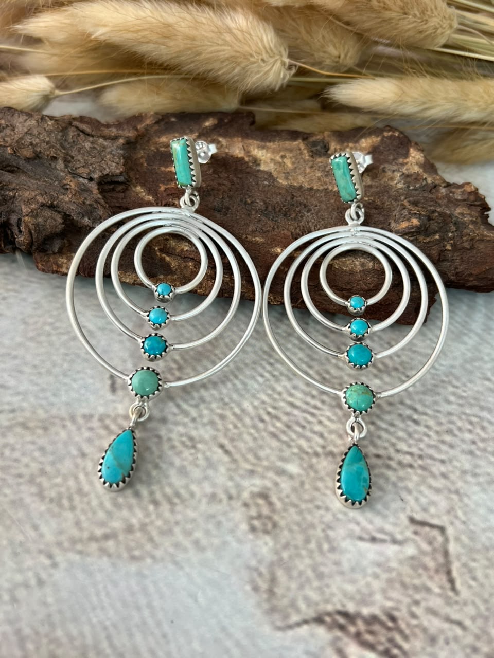 Handmade Sterling Silver Kingman Turquoise Post Dangle Earrings Signed Nizhoni