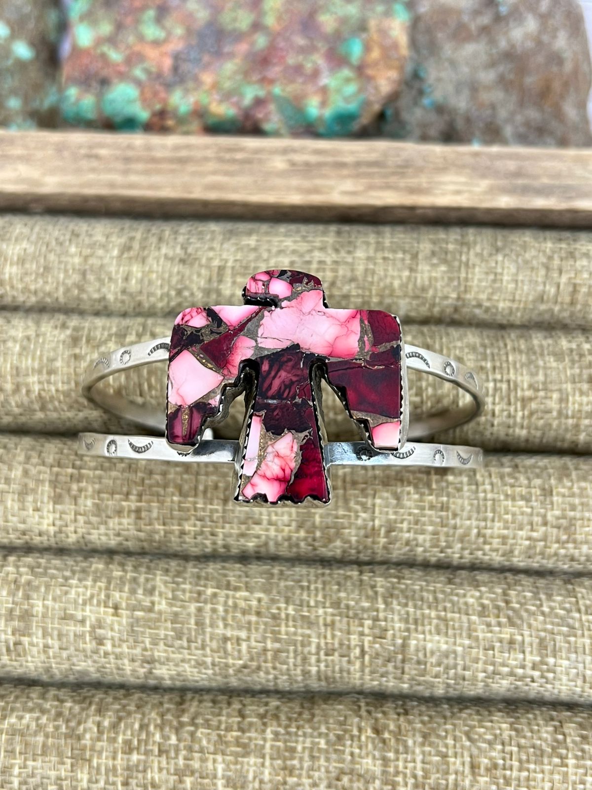 Handmade Sterling Silver Dahlia Rose Thunder Bird Cuff Bracelet with Signed Nizhoni