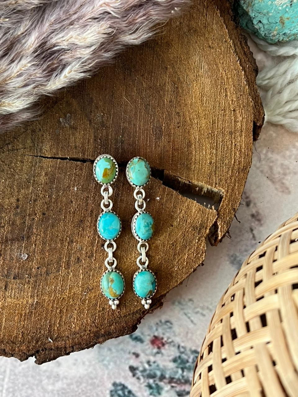 Handmade Sterling Silver Kingman Turquoise Post Dangle Earrings Signed Nizhoni (5)