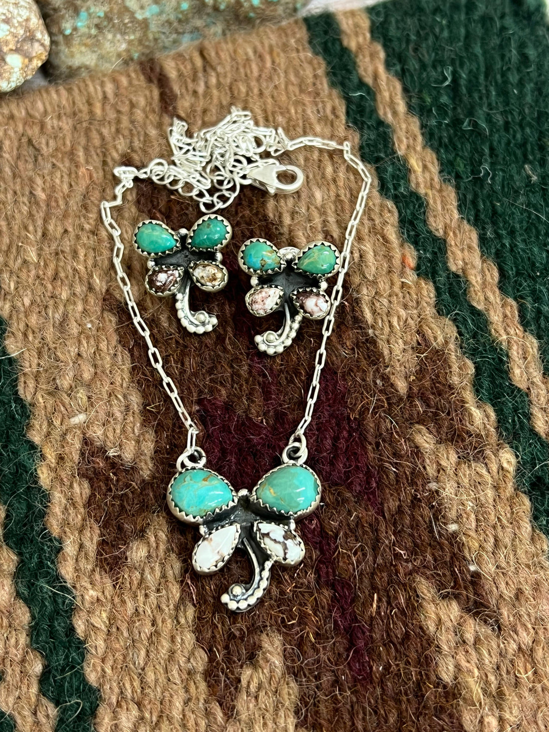 Handmade Sterling Silver Kingman Turquoise, Wild Horse Necklace Earrings Set with Signed Nizhoni