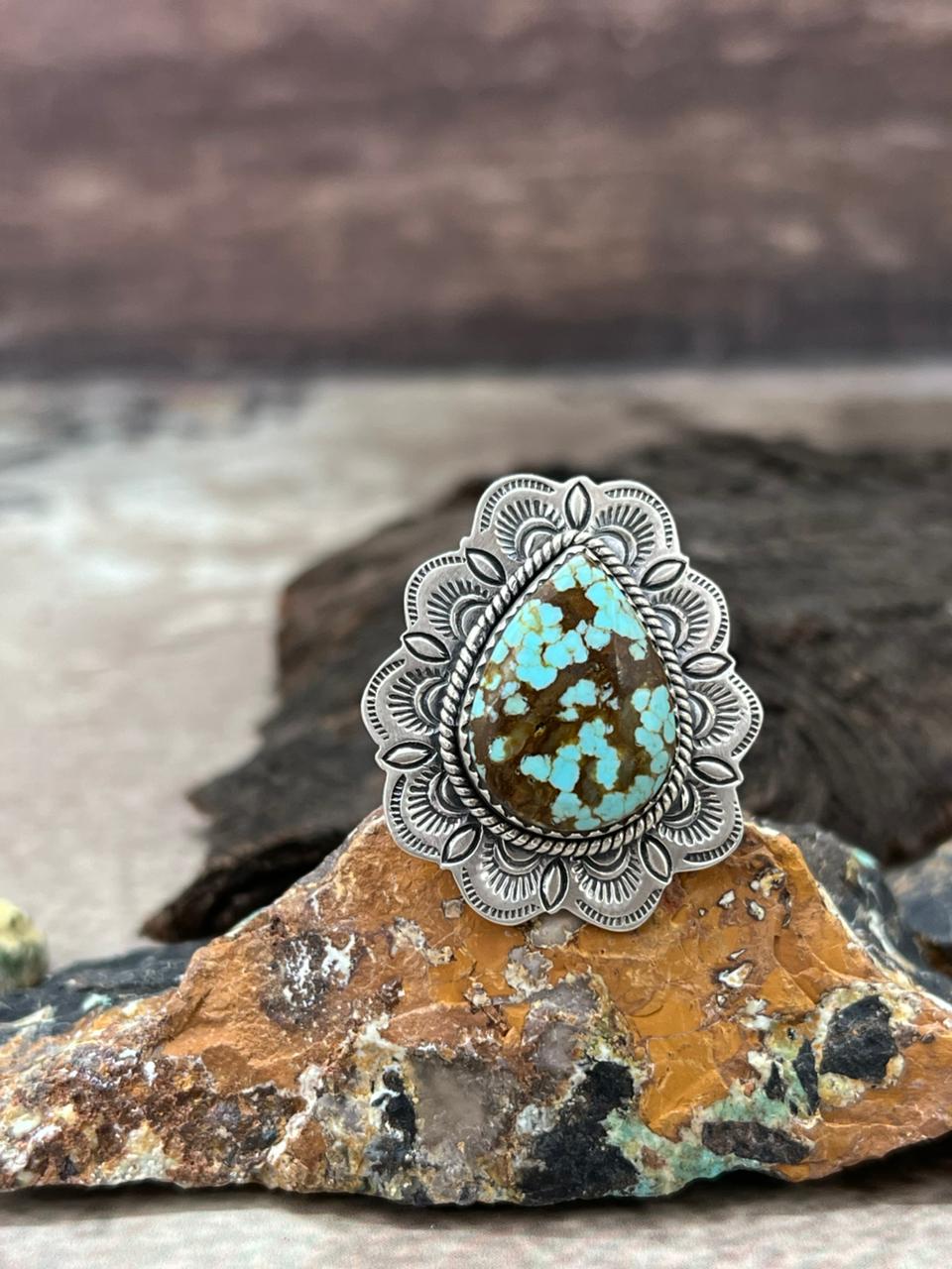 Handmade Sterling Silver Number 8 Turquoise Adjustable Ring "Signed Nizhoni"