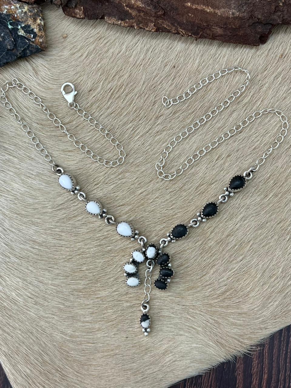 Handmade Sterling Silver White Buffalo Squash Blossom Necklace "Signed Nizhoni"