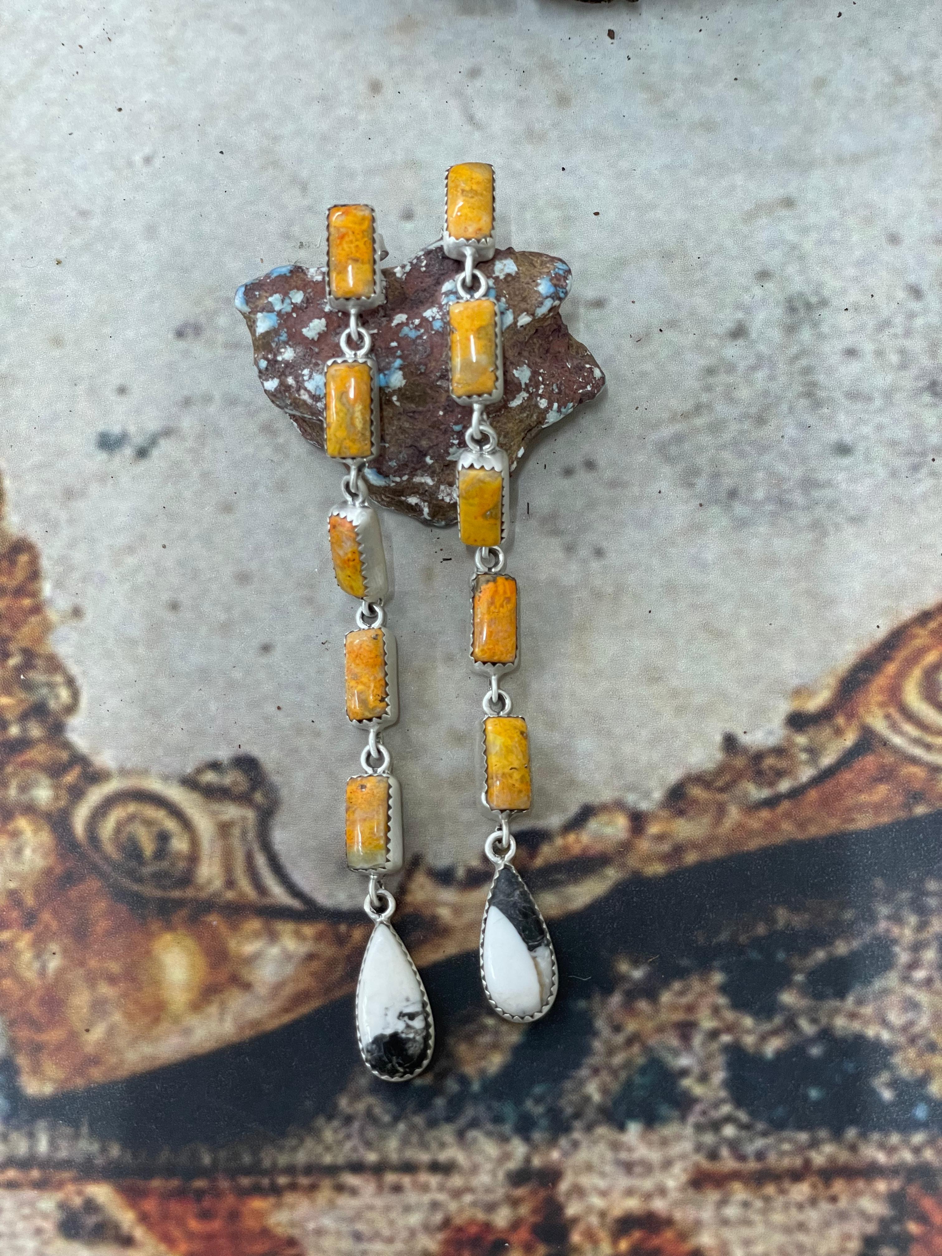 Handmade Sterling Silver White Buffalo, Bumblebee Post Dangle Earrings with Signed Nizhoni