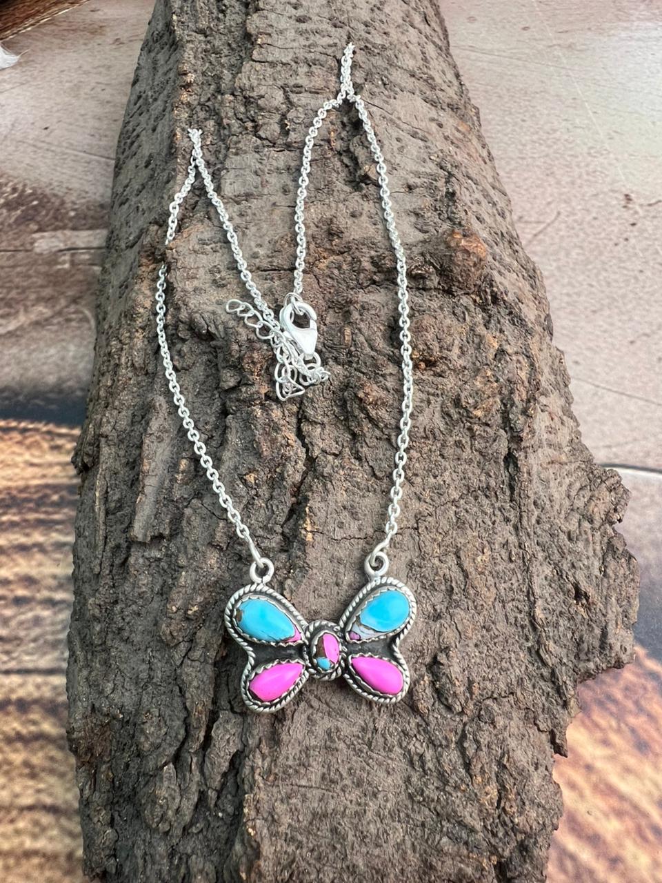 Handmade Sterling Silver Cotton Candy Butterfly Necklace "Signed Nizhoni"