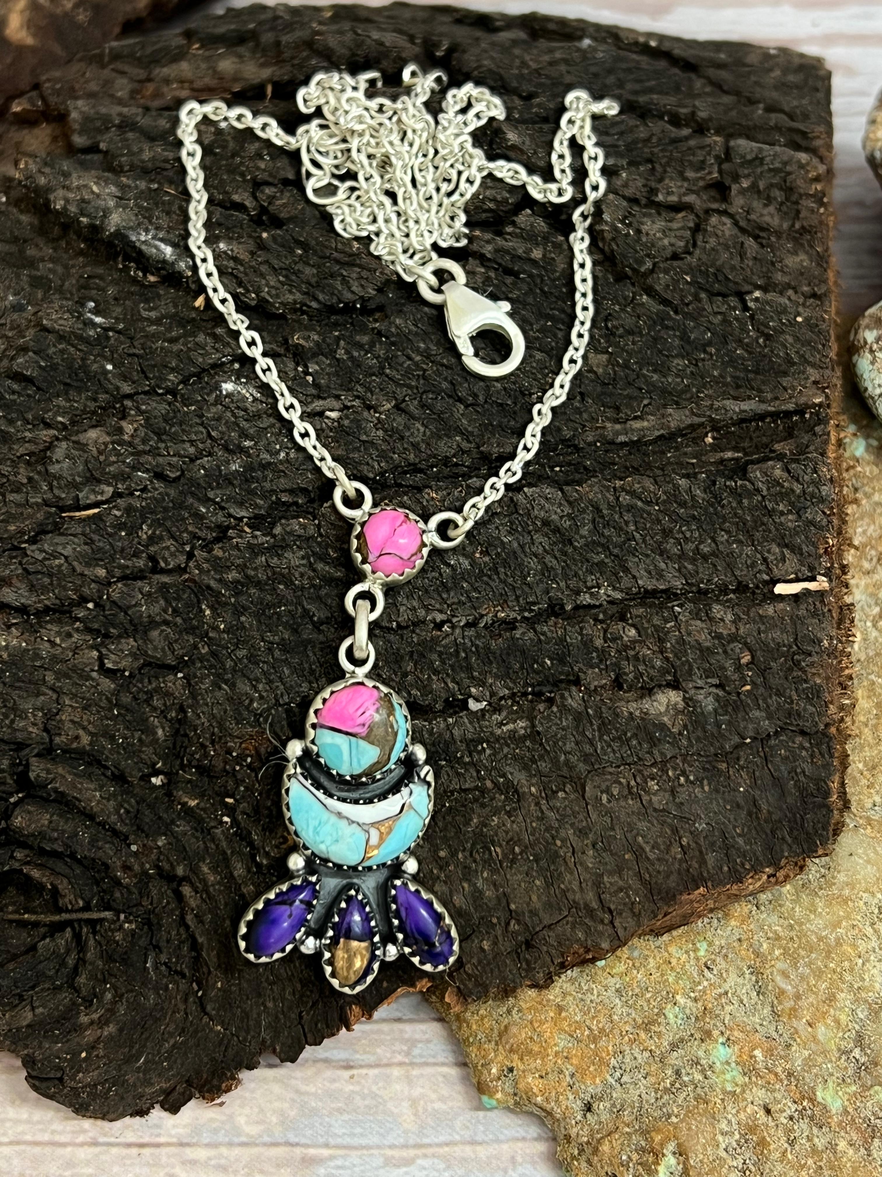 Handmade Sterling Silver Cotton Candy Turquoise Necklace with Signed Nizhoni