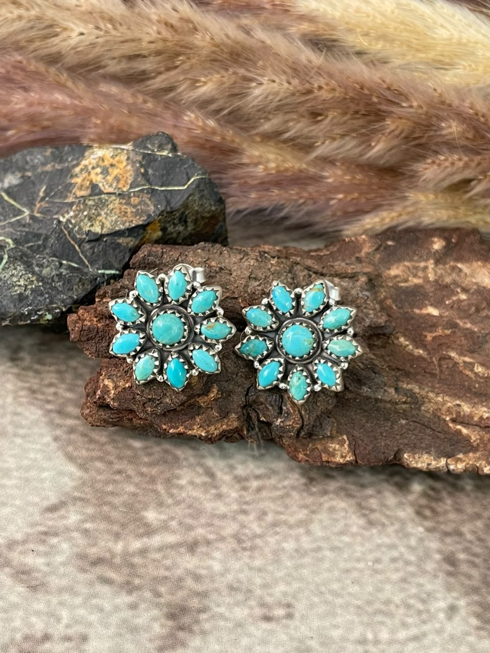 Handmade Sterling Silver Kingman Turquoise Post Studs Earrings Signed Nizhoni