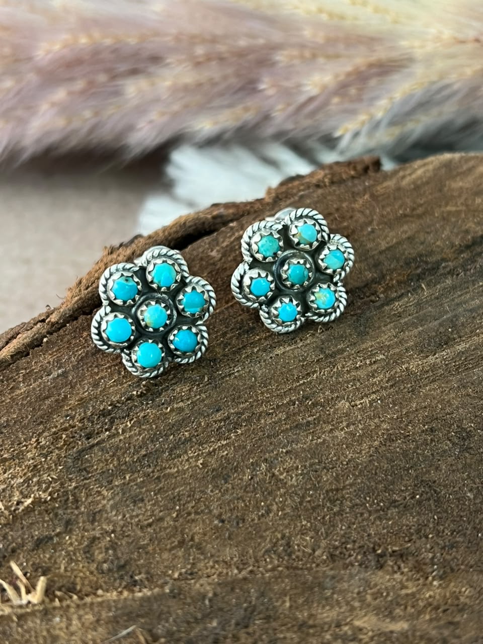 Handmade Sterling Silver Kingman Turquoise Post Studs Earrings Signed Nizhoni